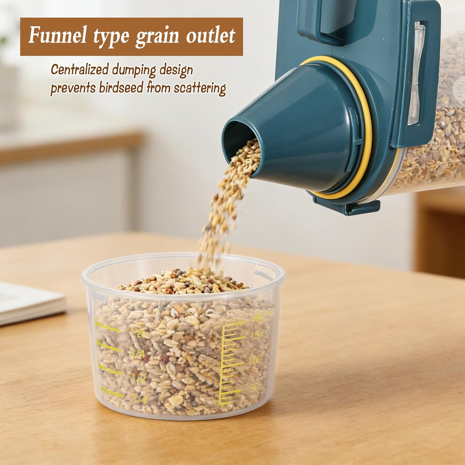 2 Pcs 3.17 Qt/3 L Bird Seed Storage Container Airtight- Portable Bird Food Container with Airtight Measuring Cup, Clear Pet Parrot Seed Dispenser for Birds Food Chicken Feed Storage, Blue Lid - Happypetzone.online - Image 7