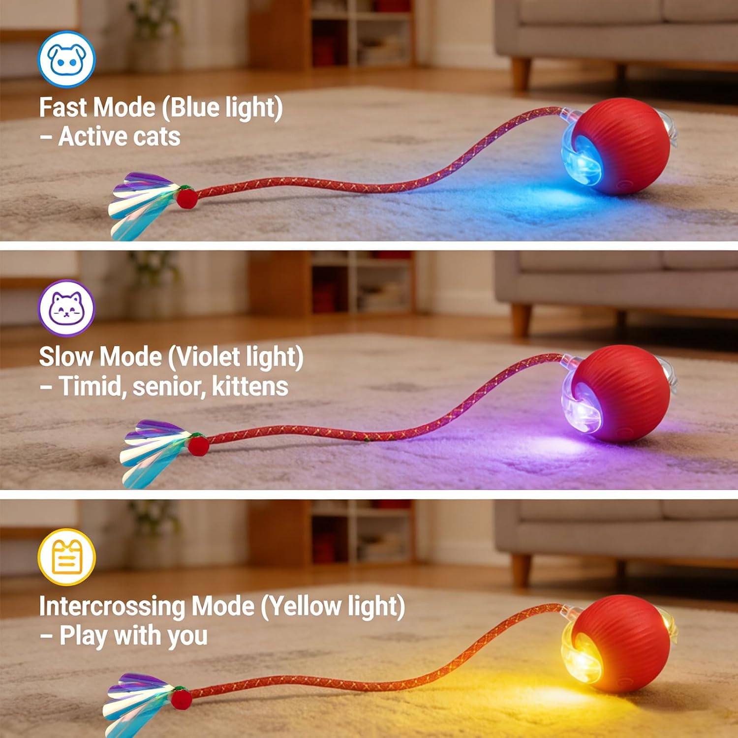 Speedy Tail 2.0 Cat Toy – 2 Replaceable Tails, Controllable Chirping, Motion Activated Rolling Ball, USB Rechargeable – Enrichment & Exercise for Bored Indoor Cats, Kittens (Red) - Happypetzone.online - Image 2