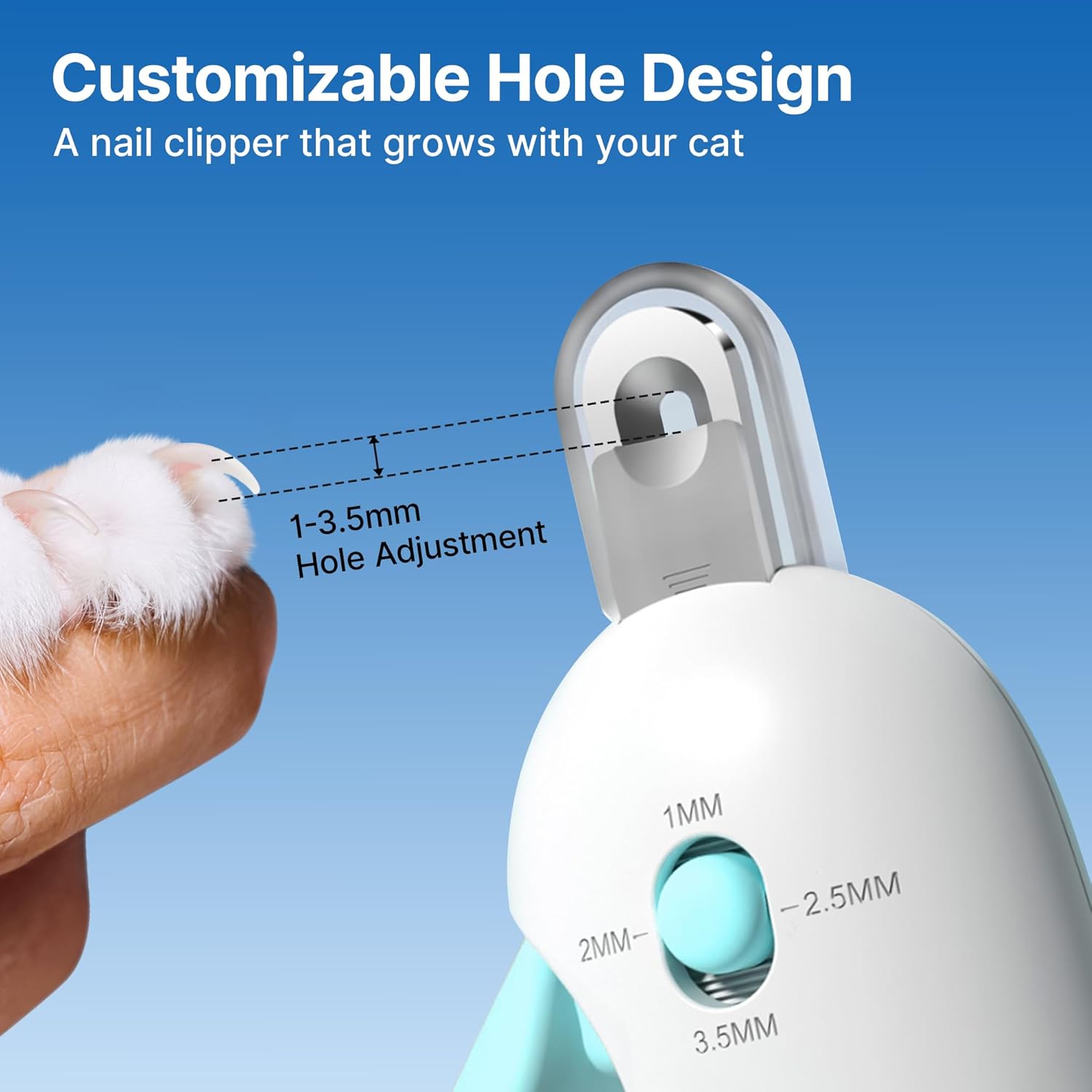 Potaroma Cat Nail Clipper with Adjustable 3-Size Trimming Hole & Hidden Nail File | Safe Toenail Trimmer for Kittens & Indoor Cats | Anti-Splash Claw Cutter for Grooming (Blue) - Happypetzone.online - Image 2