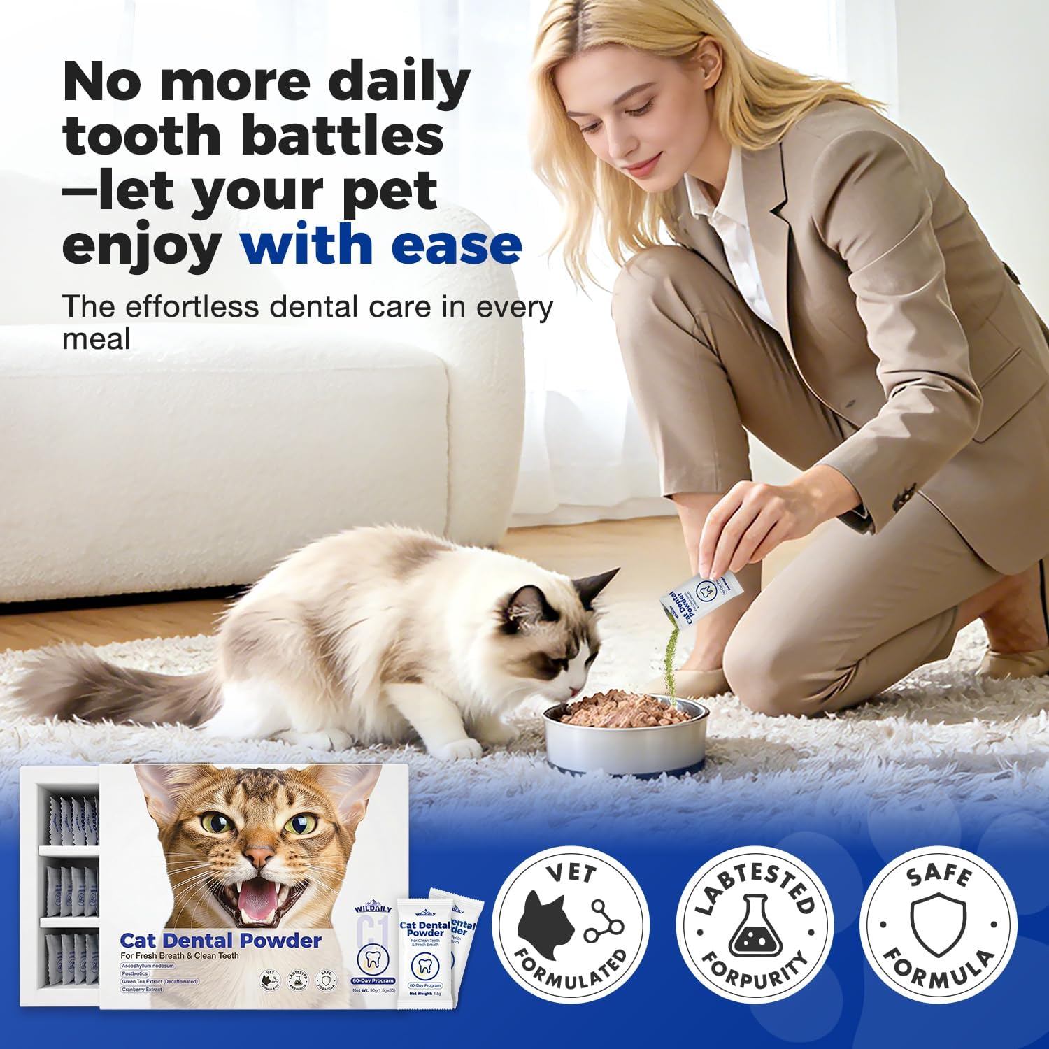 Cat Dental Powder - Freshens Breath, Removes Plaque & Tartar, Prevents Gum Disease - All-Natural Ingredients, No Artificial Additives(1.5g* 60 Pcs) - Happypetzone.online - Image 4