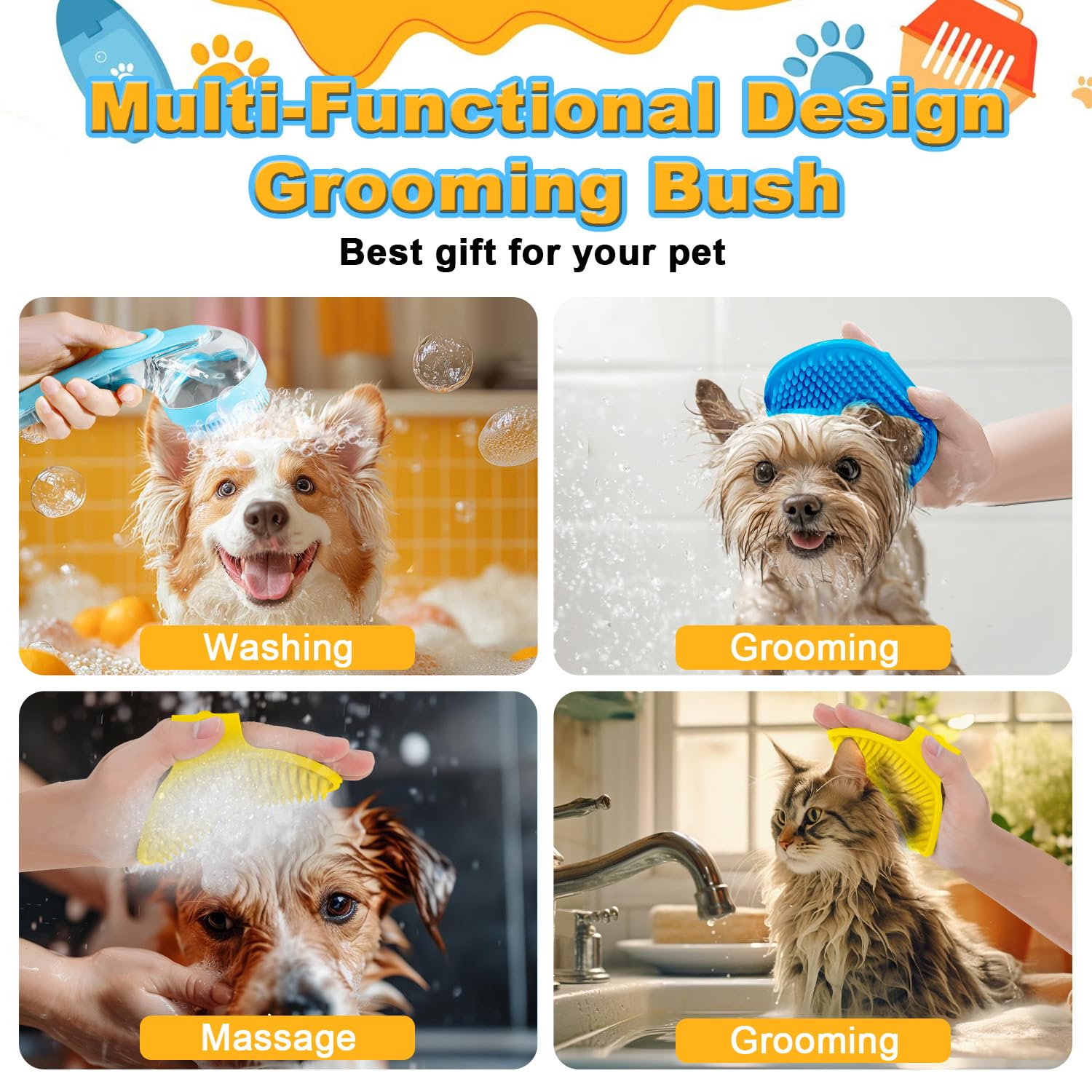 3Pcs Dog Bath Brush, Dog Scrubber for Bath, Dog Shampoo Brush Bubble Maker, Dog Paw Washer, dog grooming Massage Brush with Adjustable Ring Handle, dog accessories for Short & Long Hair -Blue - Happypetzone.online - Image 5