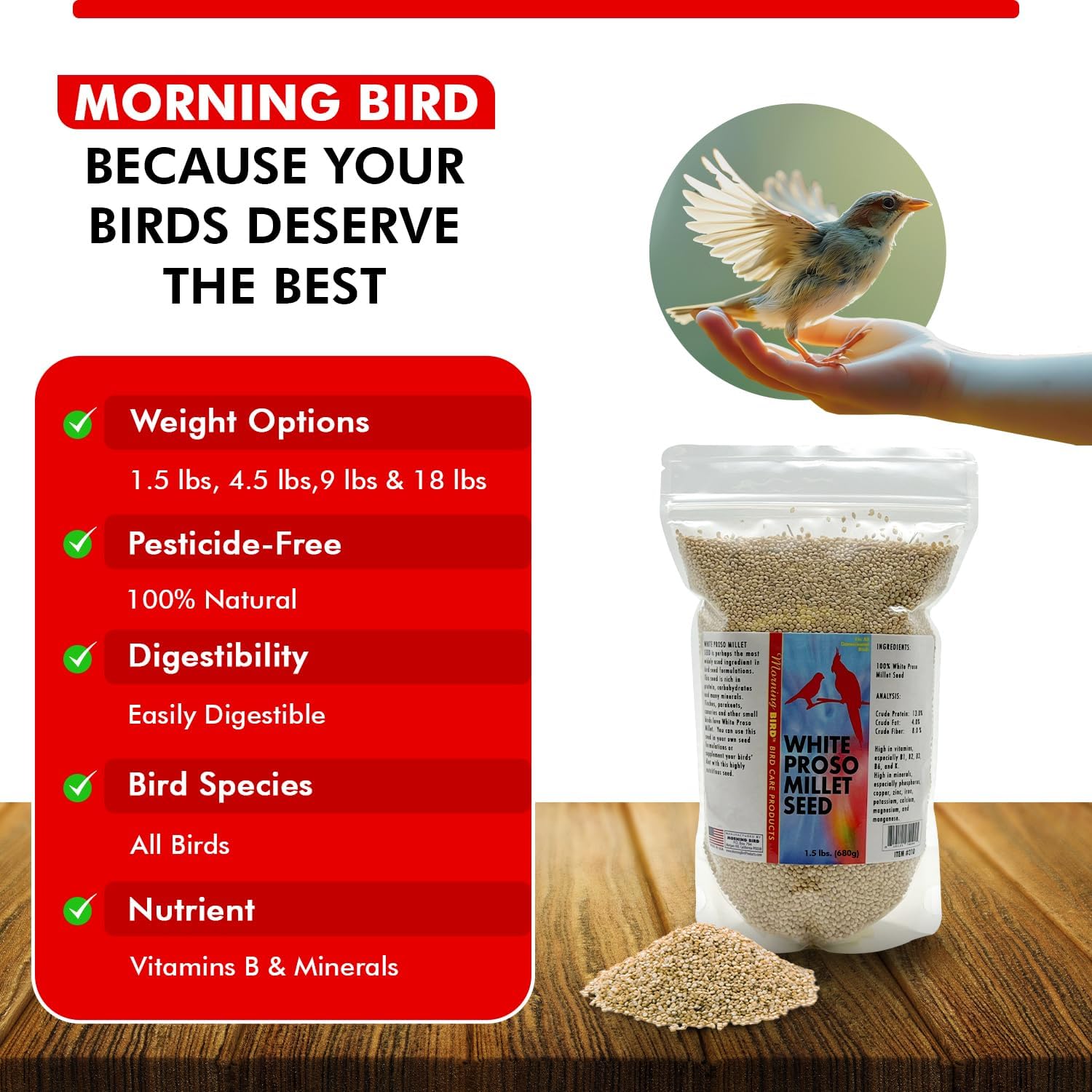 Morning Bird White Proso Millet 1.5 lbs – Unhulled Natural Bird Seed – Supports Feather Growth & Balanced Nutrition – High Energy Delicious Seed - Ideal for Finches, Parakeets & Pet Birds - Happypetzone.online - Image 7