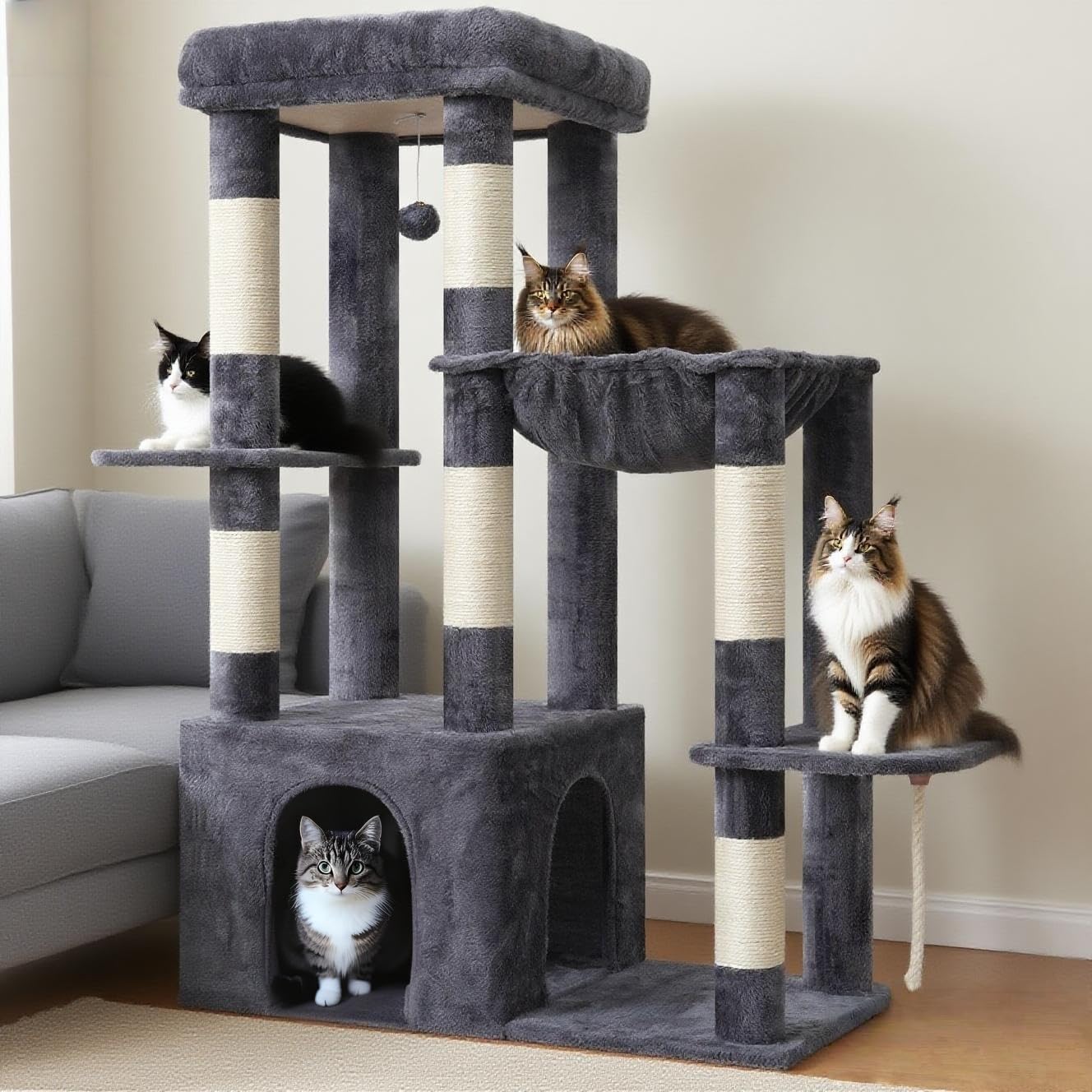 Heybly Heavy Duty Cat Tree, Tower for Indoor Cats large adult, Tall Cat Condo House with Extra-Large Baseboard, Multi-Level Plush Furniture with Scratching Posts, Hammock,Toy Balls, Smoky Gray HCT026G - Happypetzone.online - Image 9