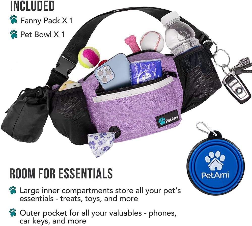 PetAmi Dog Fanny Pack, Treat Pouch for Dog Walking, Training, Built in Poop Bag Dispenser, Water Bottle Holder, Collapsible Bowl, Pet Treat Waist Belt for Hiking, Running, Kibbles (Purple) - Happypetzone.online - Image 2