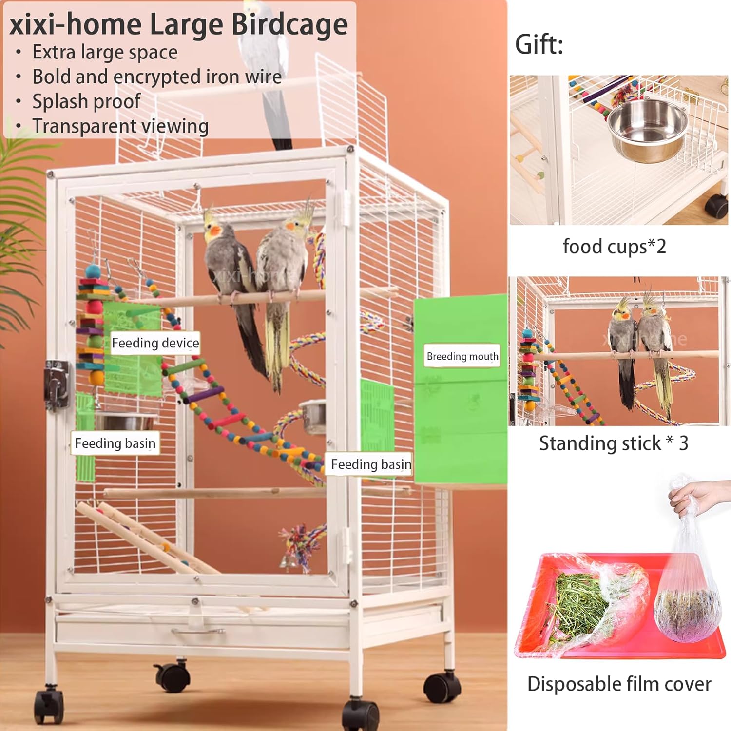 xixi-home Clear Parrot Cage,Metal Bird Cage Ornamental Cage -with Play Top and Wheel,Large Bird Cage Flying Birdcage for Outdoors (Type B - White) - Happypetzone.online - Image 2