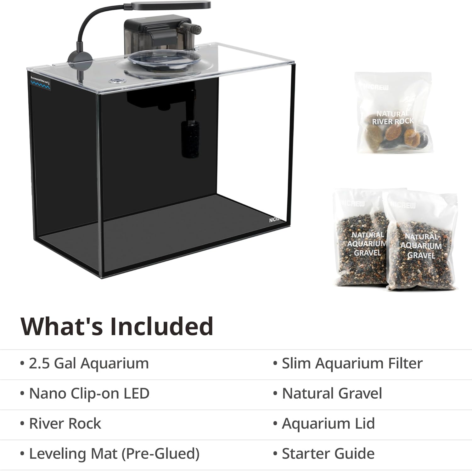 NICREW 2.5 Gallon Nano Nature Aquarium Kit, Ultra-Clear Rimless Desktop Fish Tank with Light, Filter, Gravel and Rock, Perfect for Small Fish, Shrimp, or Betta, Complete Version, Black - Happypetzone.online - Image 6