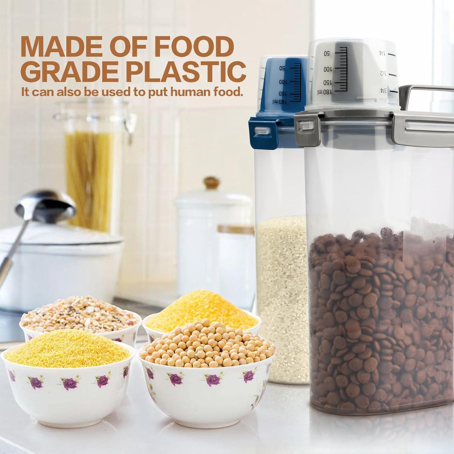 TIOVERY Upgraded Dog Food Storage Container Small, Cat Food Container Airtight, Pet Food Container Dispenser with Pour Spout, Measuring Cup and 4 Seal Buckles for Dogs, Cats, Birds (Grey) - Happypetzone.online - Image 3