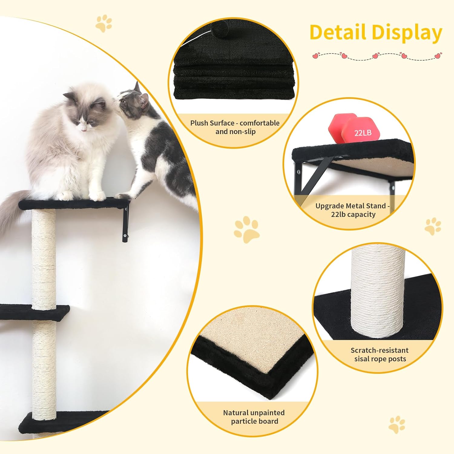 Modern Wall-Mounted Cat Furniture - 5pcs Cat Wall Shelves, Wooden Climber Includes House, Bridge, Tree, Steps, and Scratcher (Black) - Happypetzone.online - Image 3