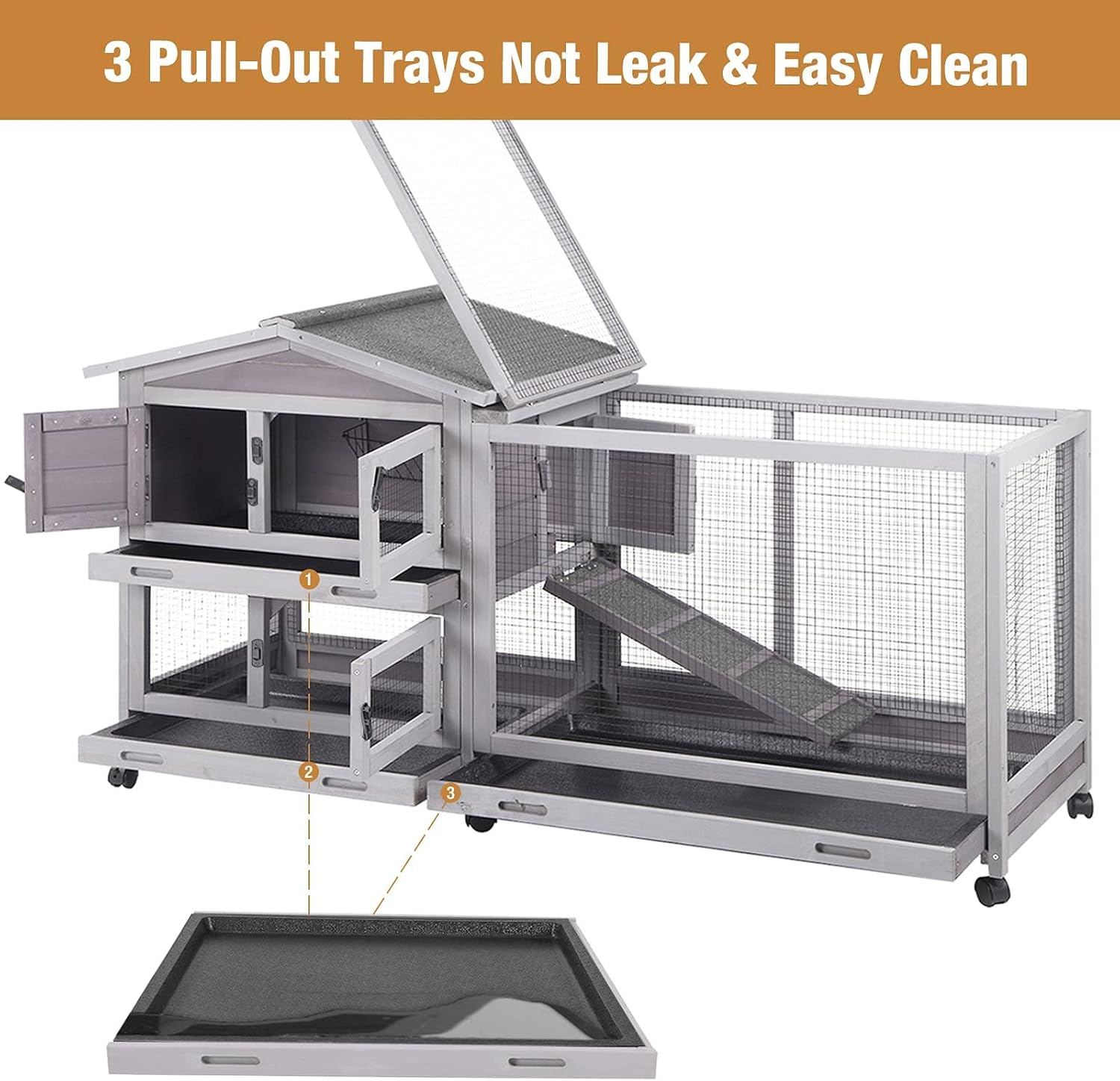 Bunny Cage Indoor and Outdoor Rabbit Hutch with Casters Waterproof Roof, Pull Out Tray from Back and Front 61.2" L x 22.6" W x 33.5" H - Happypetzone.online - Image 6