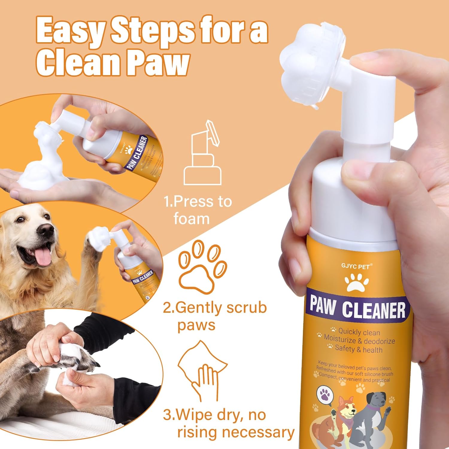 Paw Cleaner for Dogs and Cats,Magic Foam - Clean Paws No-Rinse Foaming Cleanser-Dry Shampoo, Foot Cleaner Brush - with Rose Extract, Odor Control Wash - Good for Puppy - Happypetzone.online - Image 3