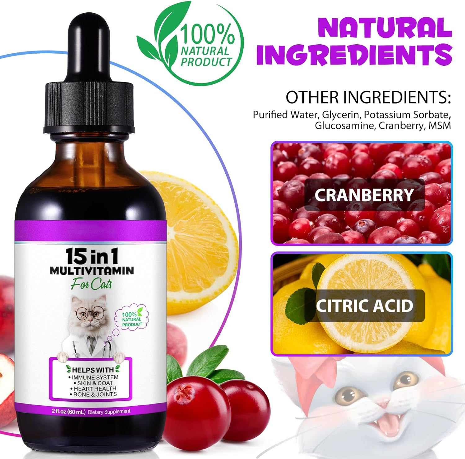 2PCS Liquid Multivitamin for Cat, 15 in 1 Cats Multivitamin Liquid Drops Supplements for Skin & Coat, Heart Health, Bones and Joint, Cat Vitamins with Glucosamine and MSM, Immune System Support - Happypetzone.online - Image 3