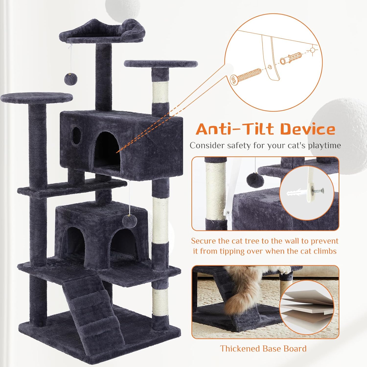 Sweetcrispy 54 Inch Cat Tree Tower, Multi-Level Tower with Cat Scratching Post, Indoor Cat Condo with Climbing Ladder, Plush Toy, Play House for Cat, Dark Grey - Happypetzone.online - Image 6