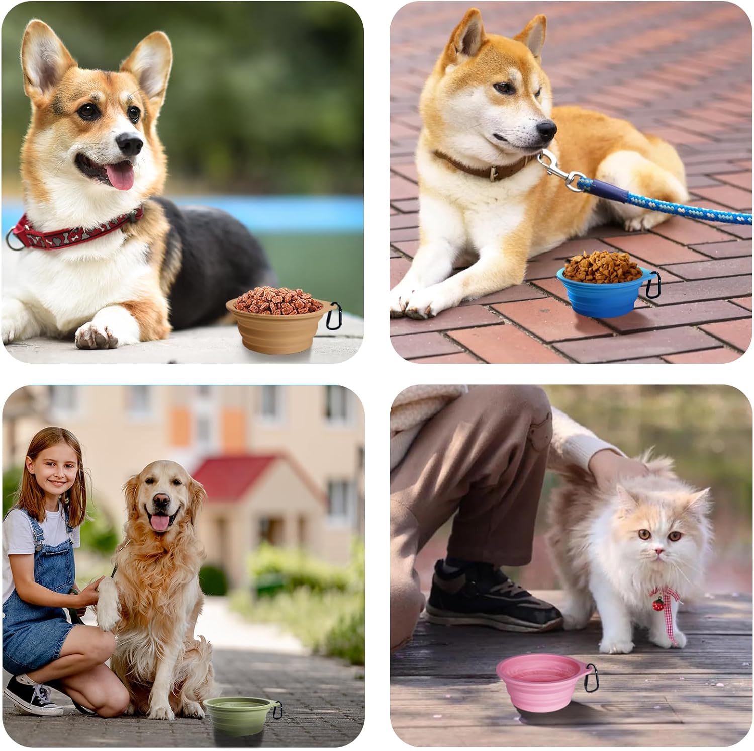 PetBonus 2-Pack Silicone Collapsible Dog Bowls, BPA Free Dishwasher Safe, Portable Foldable Expandable Travel Bowl, Food Water Feeding Cup Dish for Dogs Cats with 2 Carabiners (Turquoise, Tan) - Happypetzone.online - Image 6
