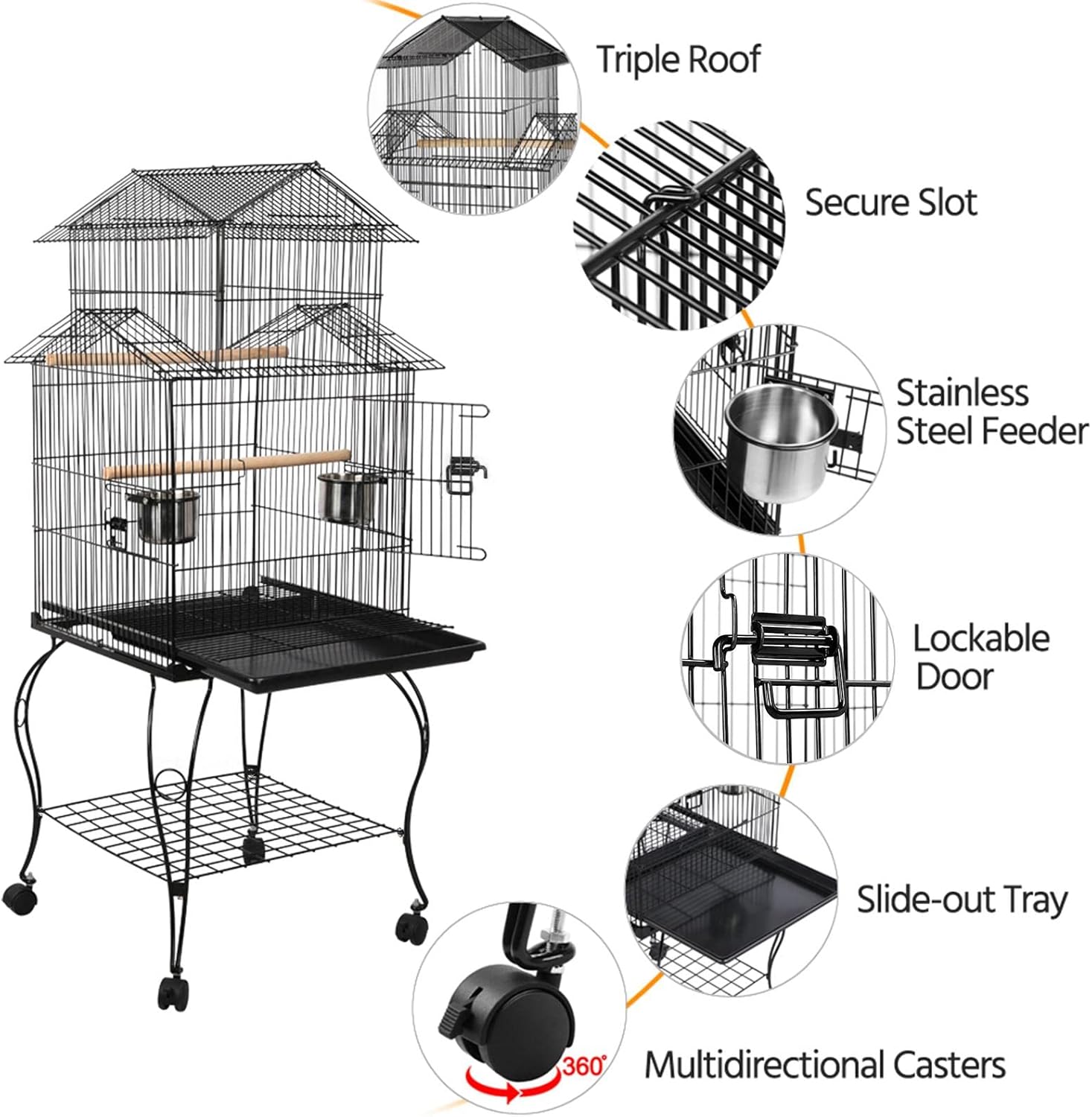 Yaheetech Budgie Cage 55-inch Rolling Standing Triple Roof Medium Parrot Cage Pet Bird Cage with Detachable Stand for Cockatiels Sun Parakeets Green-cheeked Conures Macaw - Happypetzone.online - Image 4