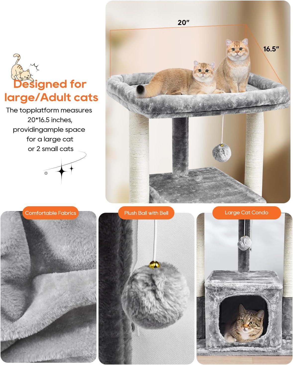 SYANDLVY 27IN Cat Tree for Indoor Cats Large Adult, Modern Activity Tower with Scratching Posts, Condo with Plush Perch, Climbing Stand with Spring Ball for Play, Grey - Happypetzone.online - Image 4