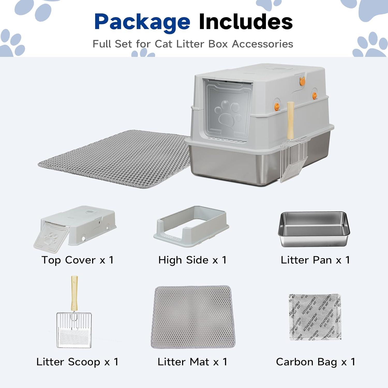 TENTIZON Stainless Steel Cat Litter Box with Lid, Large Covered Enclosed Kitty Litterbox with Hood, Flip Top, High Side, Litter Mat, Scoop for Big Cats, Kitten, No Odor, No Mess, Easy Clean, Grey - Happypetzone.online - Image 9