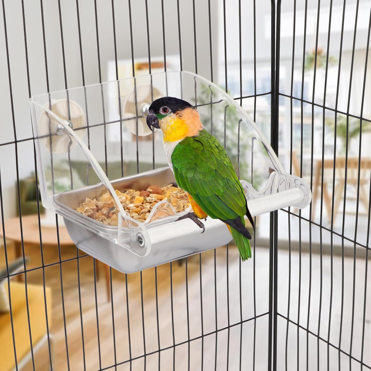 Hypeety Transparent Bird Feeder No Mess Parakeet Feeder for Cage Clear Bird Cage Feeders with Anti-Slip Perch Stainless Steel Food Bowl for Parakeets Parrots Budgies Lovebirds Cockatiels Conures - Happypetzone.online - Image 7
