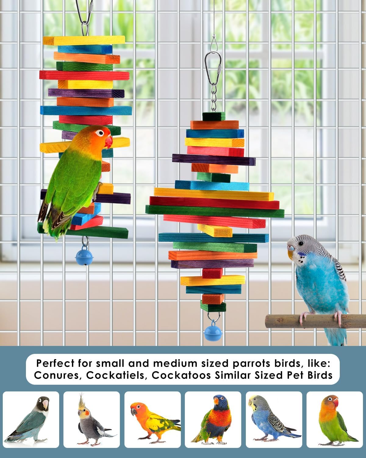 Bissap 2 PCS Bird Chew Toys, Multicolored Bagel Cascade Bird Parrot Chewing Sticks Biting Wooden Blocks Toy for Small Medium Conure Parakeet Cockatiels Lovebird Similar Sized Pet Birds - Happypetzone.online - Image 7