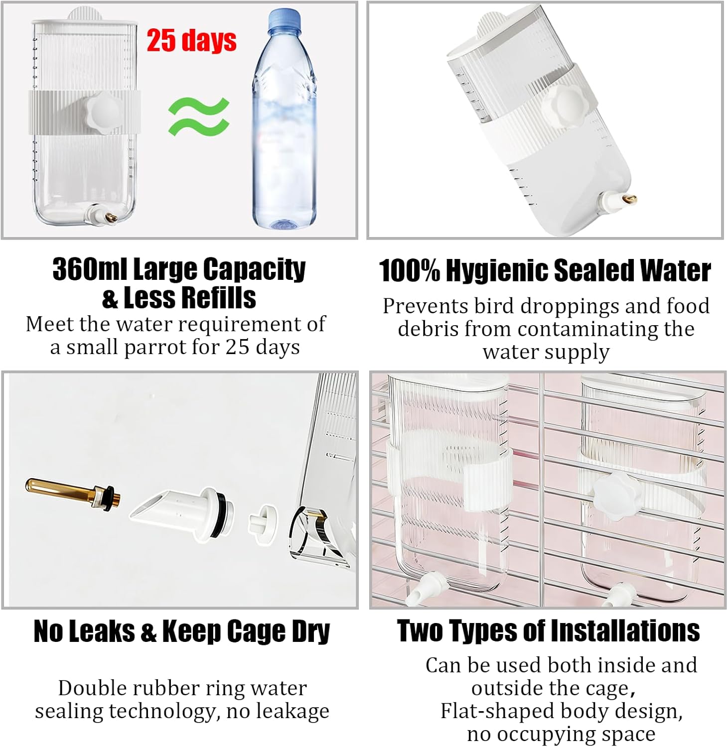 Automatic Bird Feeder Waterer Kit Bird Cage Hanging Waterer Parakeet Leak-Proof Feeder Parrot Vegetable Clips Cage Accessories for Budgies Lovebirds Finches Canaries Parrotlets Conures (White) - Happypetzone.online - Image 4
