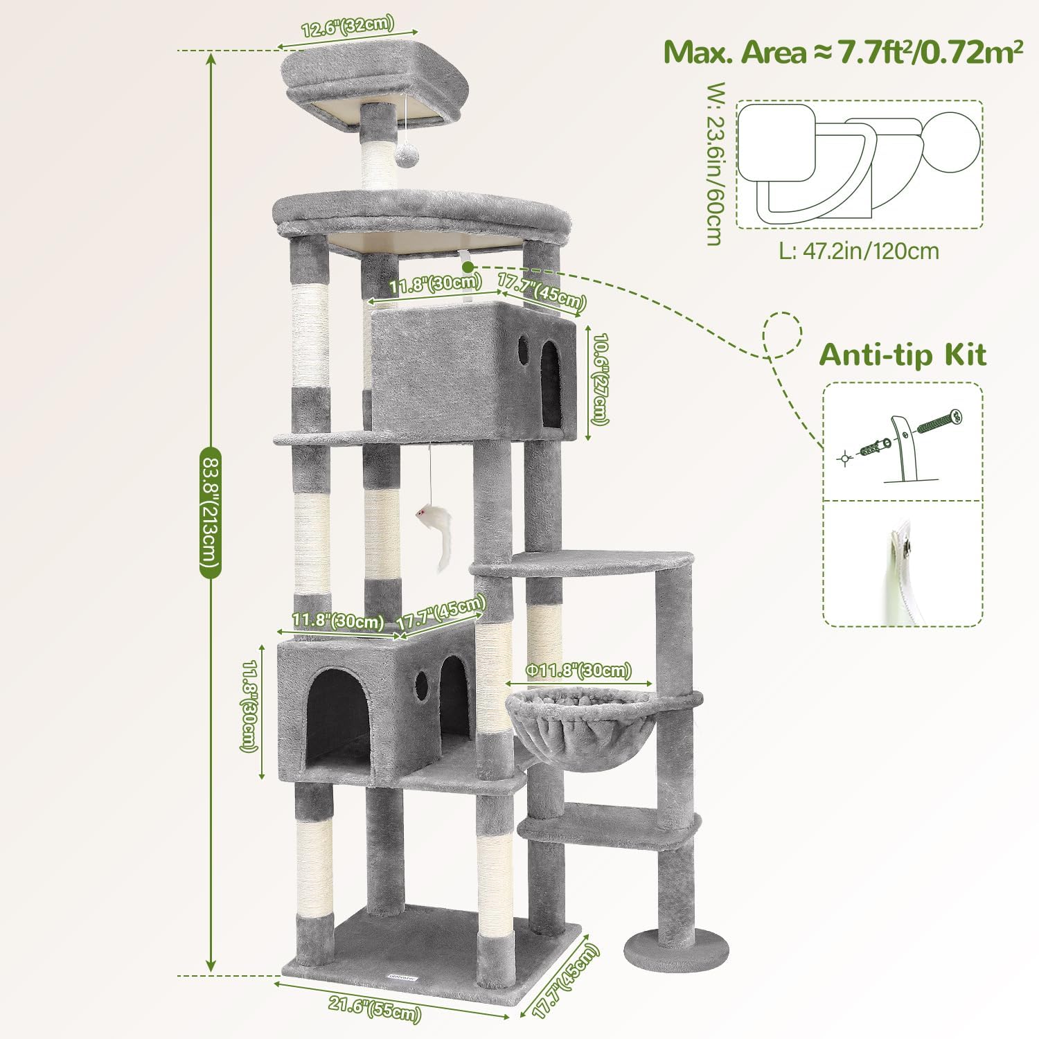 Globlazer Giant Cat Tree, 83 inch Cat Tree for Indoor Cats Large Adult, XXL Cat Tower with 9 Scratching Posts for 20lb+ Heavy Duty Large Adult Cats, F83, Light Grey - Happypetzone.online - Image 6