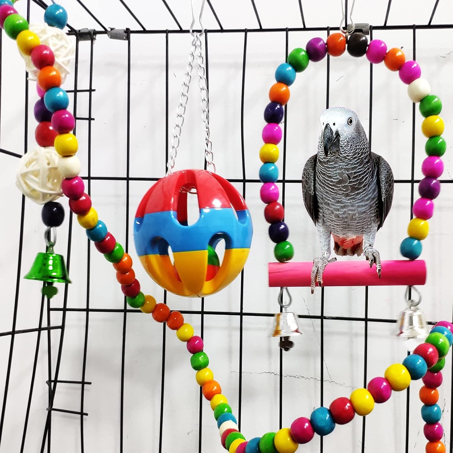 Hamiledyi Bird Parrot Swing Chewing Toy Set 15PCS Wooden Hanging Bell with Hammock Climbing Ladders Colorful Pet Birds Cage Toys for Small Parakeet Cockatiel Finches Conures Budgie Macaws Love Birds - Happypetzone.online - Image 3