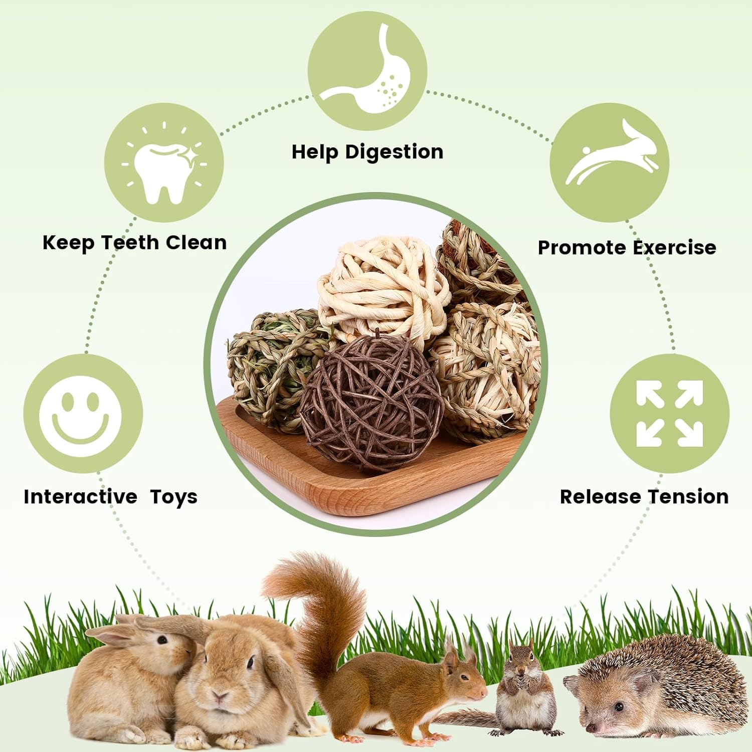 VESPRO Bunny Chew Grass Balls, (8 Pcs) Rolling Chew Toys for Small Animals, Natural Chew Grass Toys and Bunny Treats for Rabbits, Guinea Pigs, Chinchillas, Hamsters, Mice Teeth Grinding - Happypetzone.online - Image 4