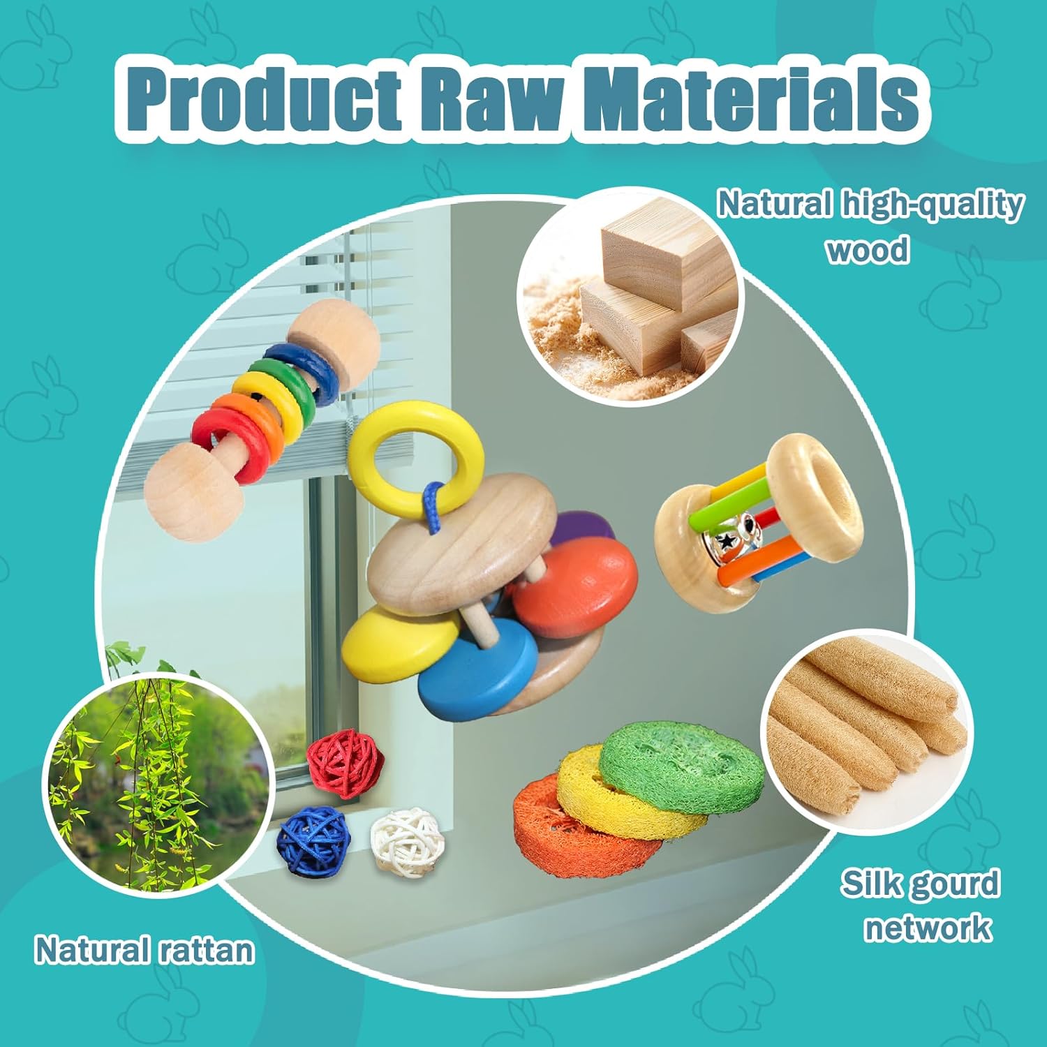 QWR 9PCS Wooden Bunny Toys,Safe Rabbit & Guinea Pigs Teeth Grinding Toy for Chinchillas, Hamsters & Small Animals - Indoor & Outdoor - Happypetzone.online - Image 2