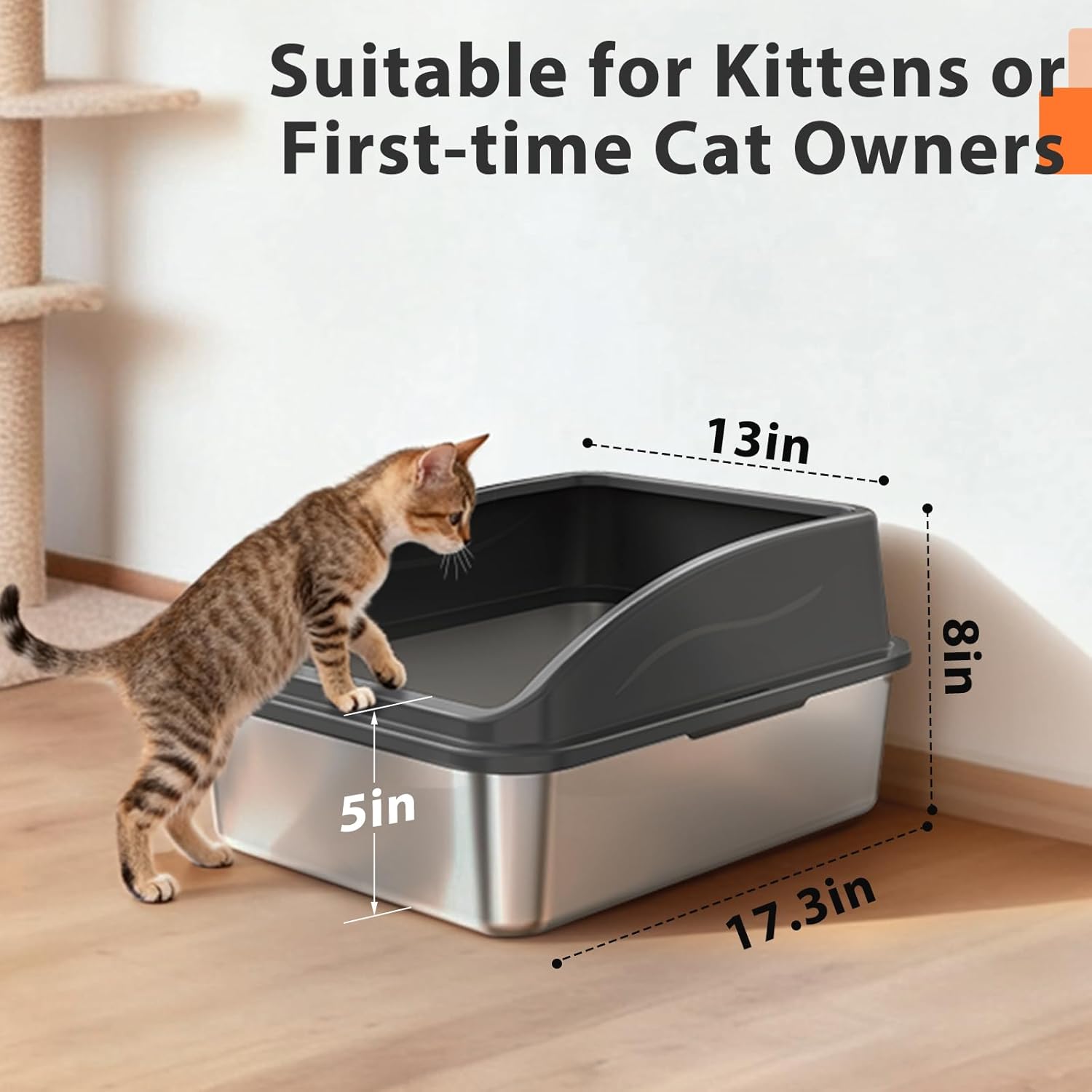 AIPERRO Stainless Steel Litter Box | Metal Kitty Litter Box with Lid High Sided for Small Cats or Injured Cats, Bunny Litter Boxes, Low Entry, Odor-Free, Non-Stick,Includes Scoop (Dark Gray, Small) - Happypetzone.online - Image 5