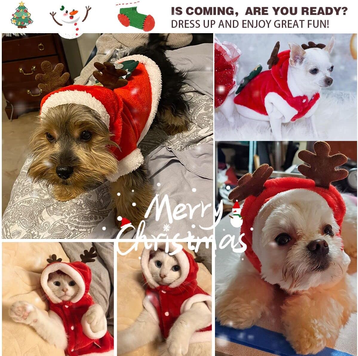 Dog Christmas Costumes, Pet Cold Weather Sweater Coat, Puppy Santa Claus Reindeer Outfit Winter Hoodie Warm Vest Clothes, Jumpsuit Apparel for Small Medium Dogs Cats Party Cosplay (Medium, Red) - Happypetzone.online - Image 4