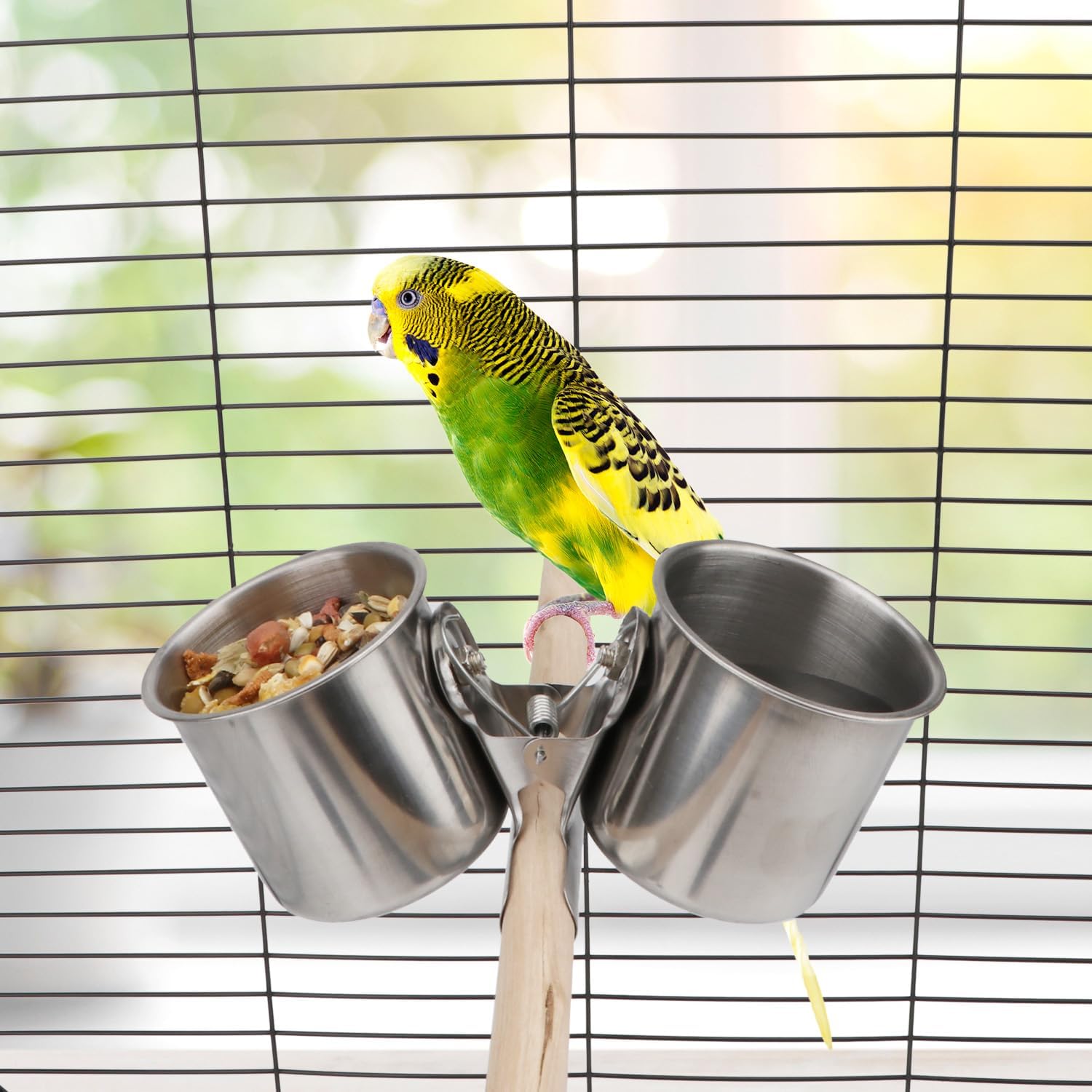 Hypeety Bird Parrot Feeding Double Cups Stainless Steel Food Water Bowls with Clip Bird Seed Feeder Cups Hanging Bowl Cage Stand Accessories - Happypetzone.online - Image 3