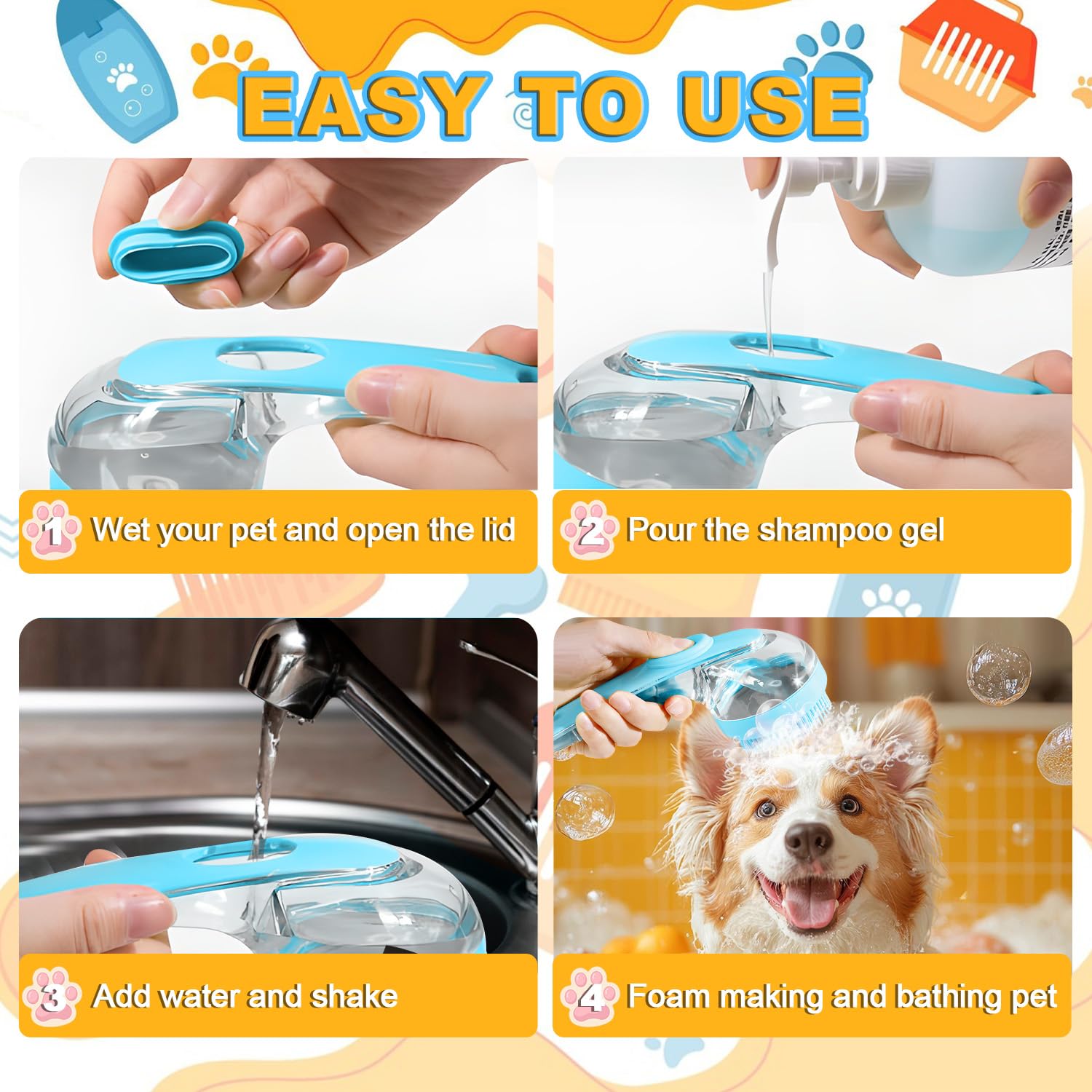3Pcs Dog Bath Brush, Dog Scrubber for Bath, Dog Shampoo Brush Bubble Maker, Dog Paw Washer, dog grooming Massage Brush with Adjustable Ring Handle, dog accessories for Short & Long Hair -Blue - Happypetzone.online - Image 6