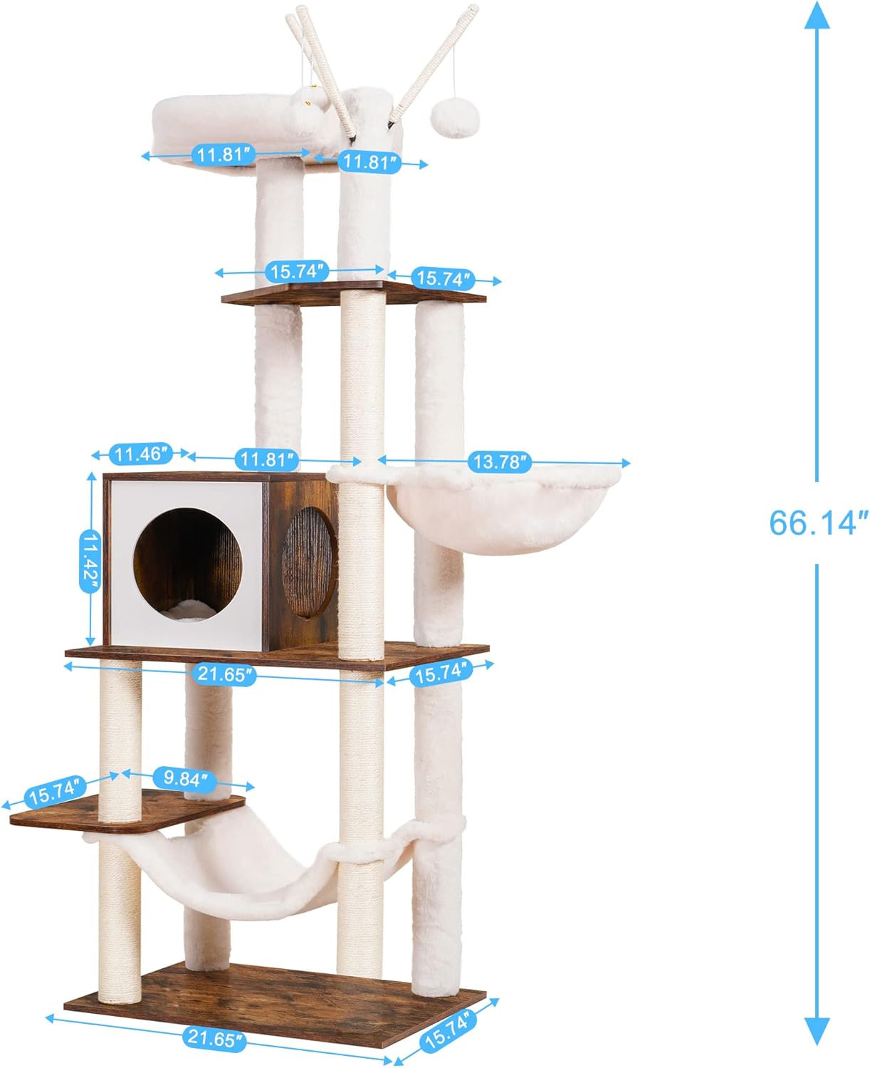 Hey-brother Wooden Cat Tree, 66.1“ Cat Furniture with Scratching Posts, Modern Cat Tower with hammocks, Toys, cat condo, Rustic Brown MPJ120SR - Happypetzone.online - Image 3