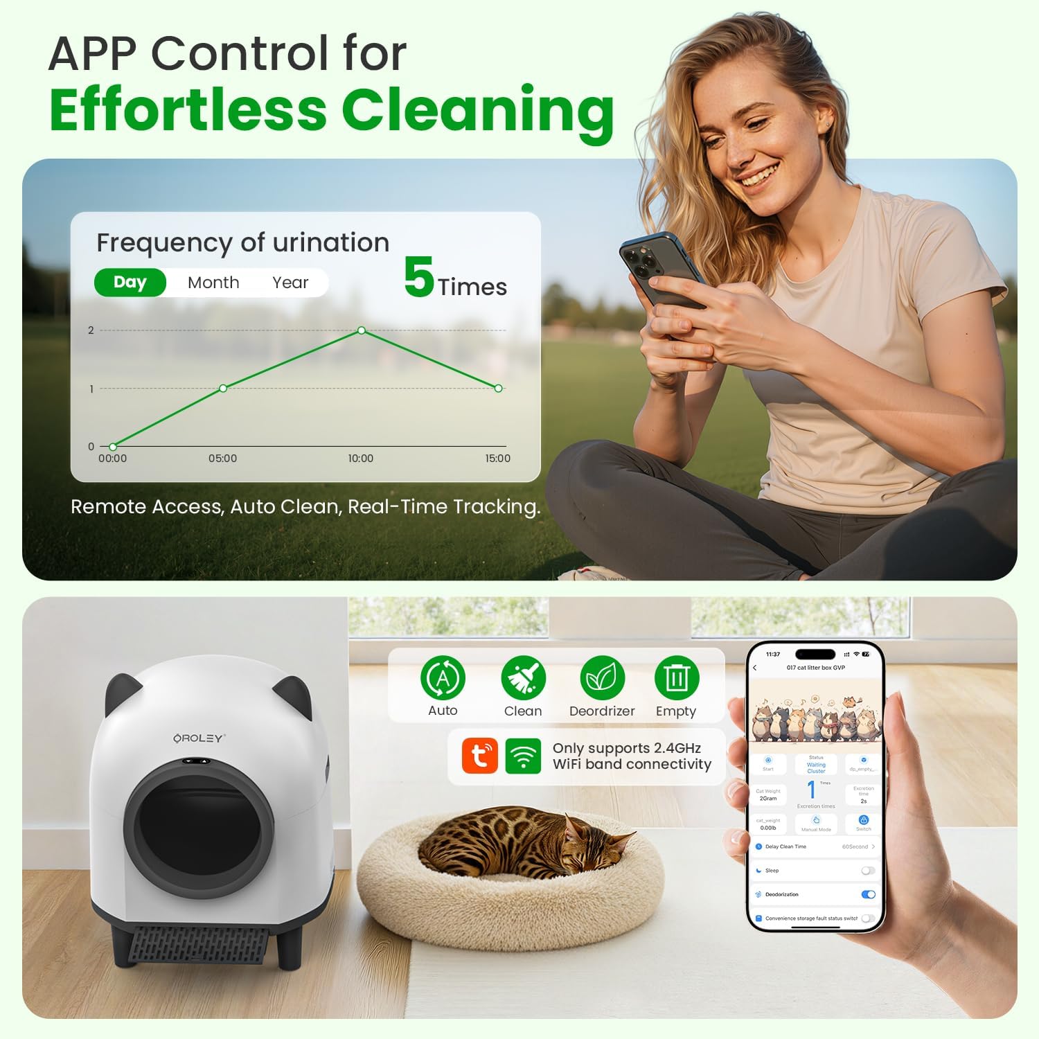 OROLEY Self Cleaning Litter Box, Automatic Litter Box,Odor Control Robot, Cat Ears Design,APP Real-Time Monitor, Cat Litter-Boxs for Multiple Cats,Infrared Safety Sensor, with 1 Trash Bag - Happypetzone.online - Image 2