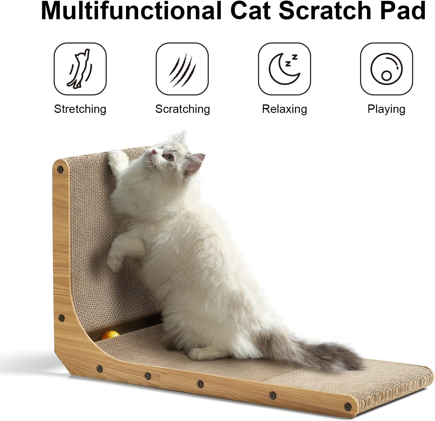 FUKUMARU Cat Scratcher, 26.8 Inch L Shape Cat Scratch Pad Wall Mounted, Cat Scratching Cardboard with Ball Toy for Indoor Cats, Large Size - Happypetzone.online - Image 2
