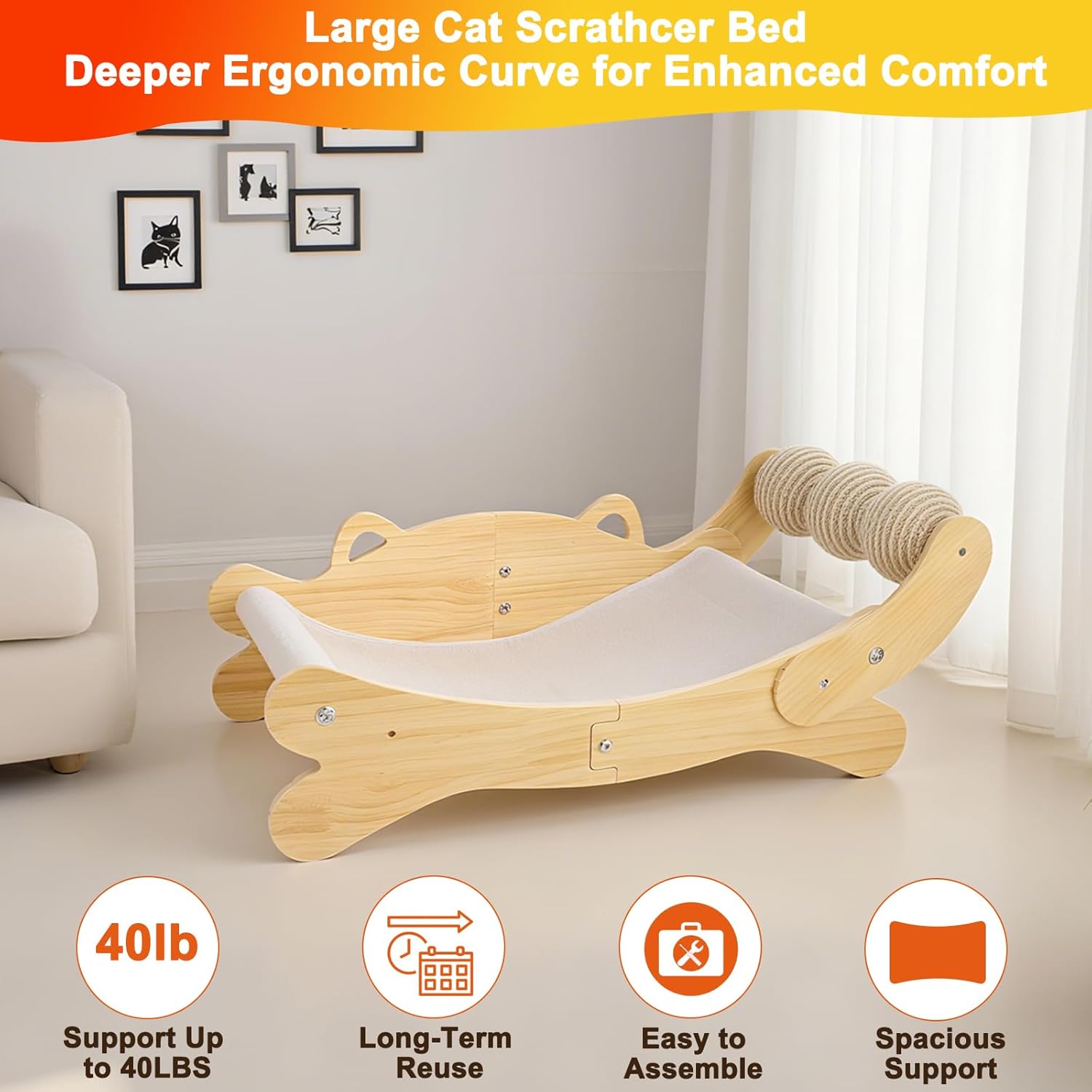 3-in-1 Cat Scratcher Bed for Indoor Cats Sisal Scratcher & Hammock Lounge with Solid Wooden Perch, No-Tip Stable Base for Large Cats, Durable Cat Scratch Pad & Cat Furniture (Easy Assembly) - Happypetzone.online - Image 6