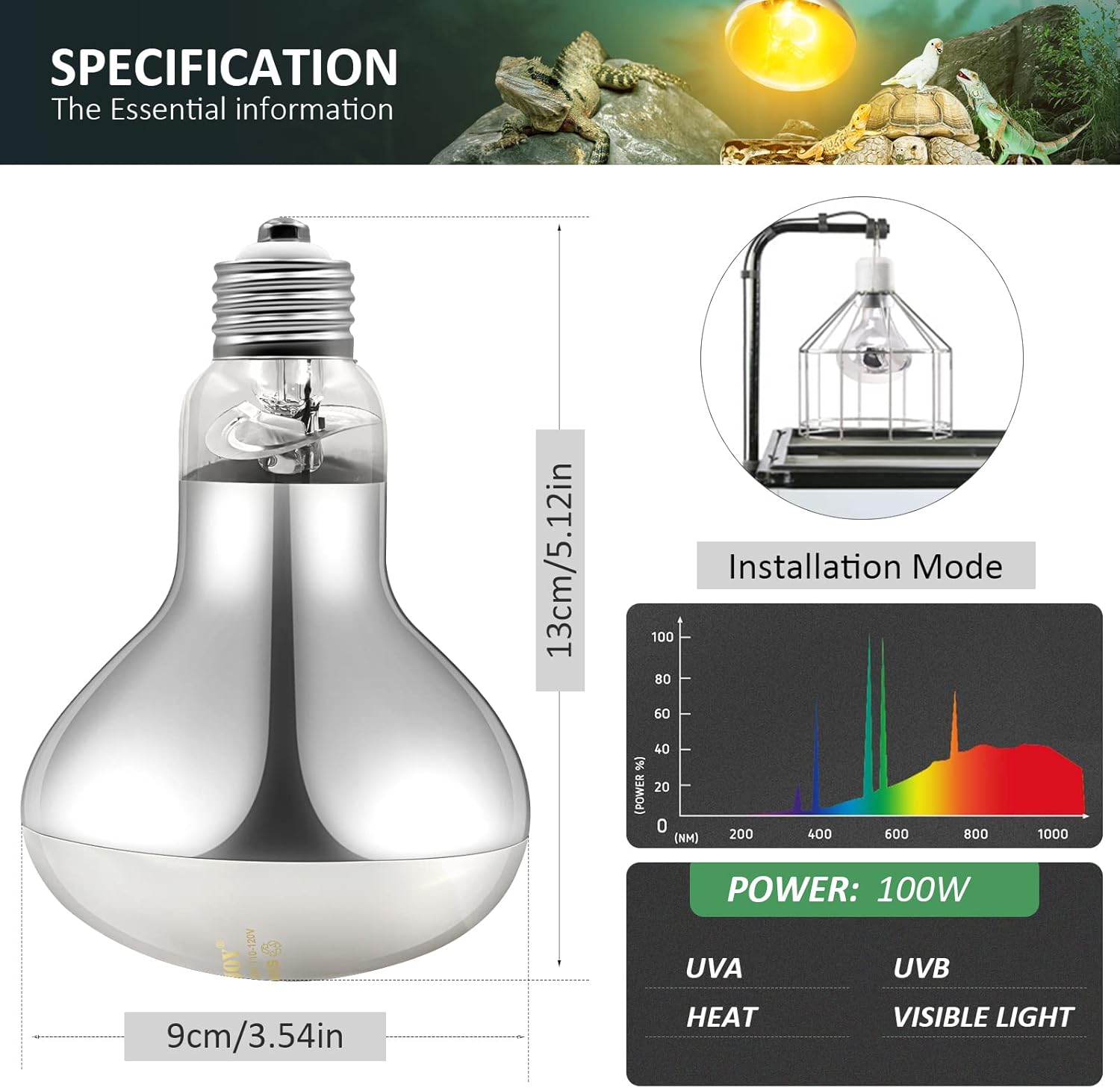 MIXJOY 2 Pack 100W Reptile Heat Lamp Bulb Full Spectrum UVA UVB Sun Light for Reptile and Amphibian Use - Happypetzone.online - Image 3