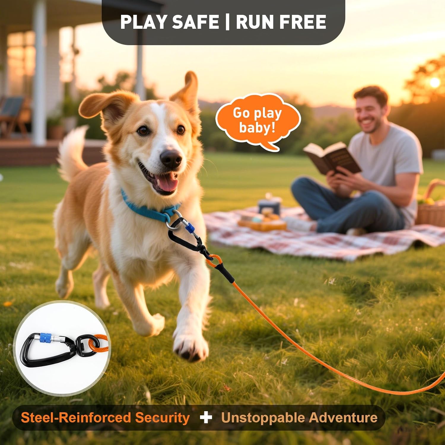 Dog Tie Out Cable 10FT Heavy Duty Chew Proof, Tangle-Free Runner with 360° Swivels & Locking Clip for Large Dogs Up to 250LBS - Rust Proof Leash for Yard, Camping, Outside (Orange 10FT) - Happypetzone.online - Image 7