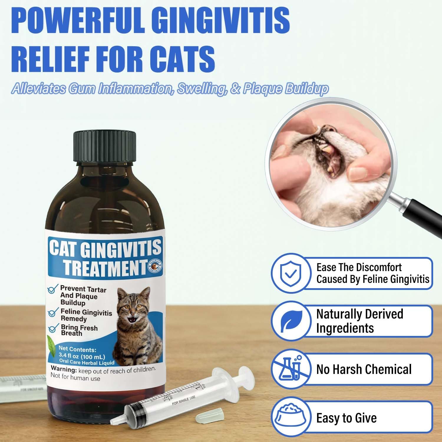 Cat Gingivitis Treatment Liquid 100ml - Cats Dental Care Clean Teeth & Gums, Eliminate Bad Breath, Natural Extracts Lessen Tartar & Plaque, Include 3 ml Dropper with Cap - Happypetzone.online - Image 3
