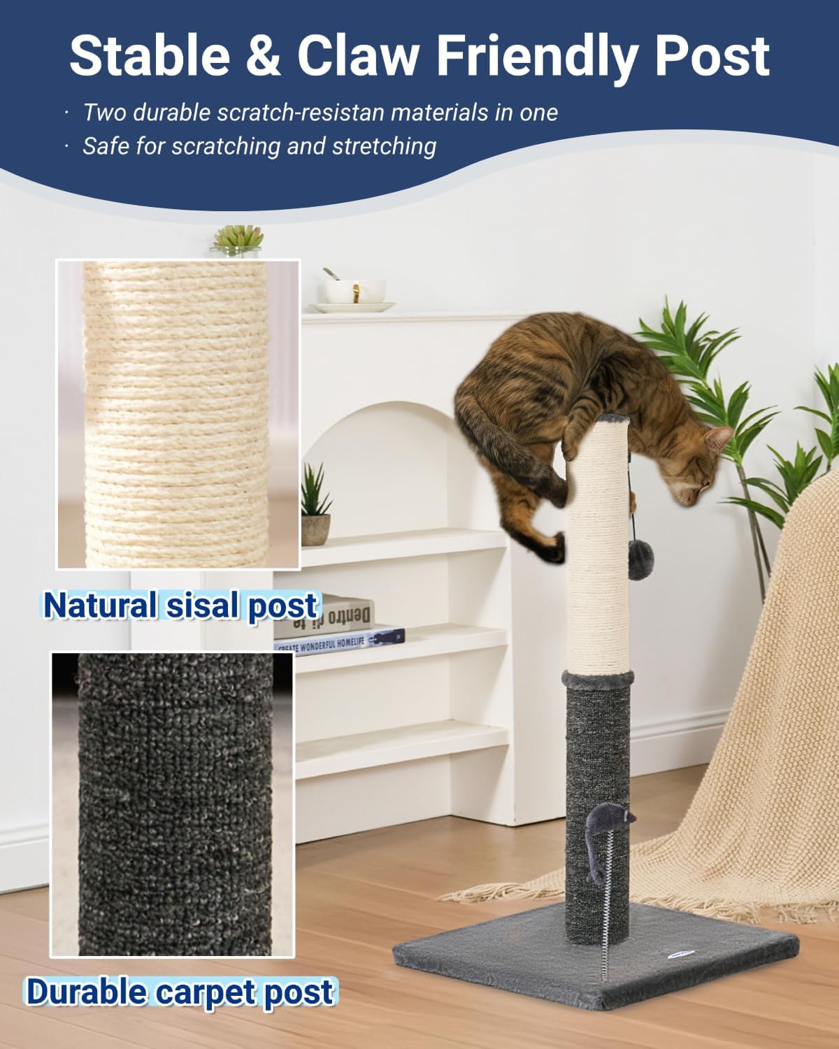 Happi N Pets 29.5" Tall Cat Scratching Post, Cat Scratcher for Indoor Cats, Sisal Scratch Post & Carpet Post in One, Stable Cat Scratch Post with Two Toys, Extra Free Toy, Smokey Gray - Happypetzone.online - Image 2
