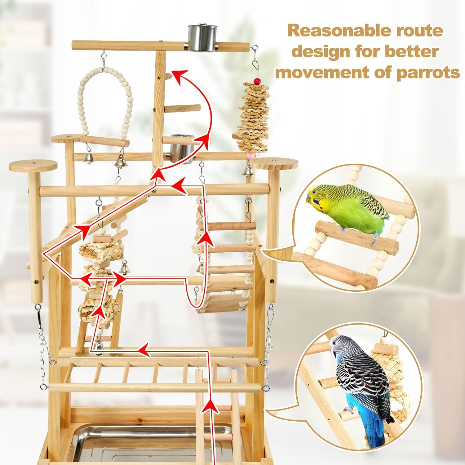 LIMIO Bird Playground - Natural Wood Parrot Playstand with Perches, Bird Play Gym & Accessories, Removable Tray & 4 Stainless Steel Cups - Happypetzone.online - Image 3