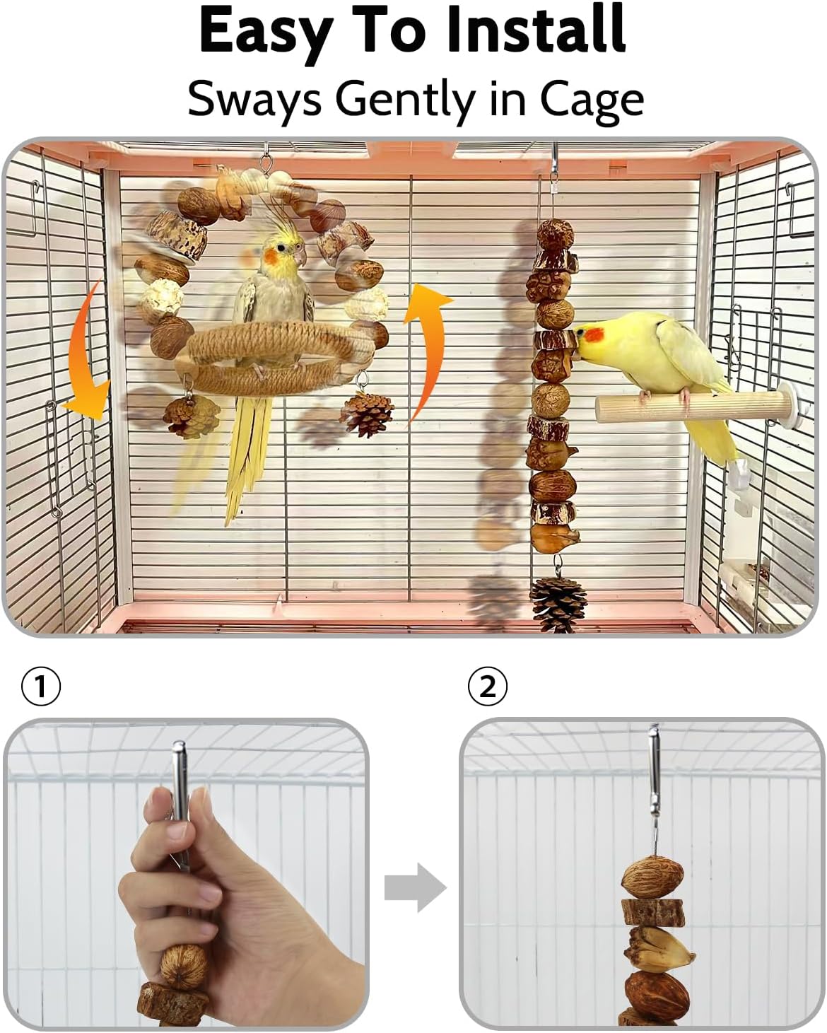 2Pcs Natural Bird Chew Toys, Wood Parakeet Swing Toys with Sisal Wrap for Claw Grinding, Hanging Safe Chew Toys for Parrot Beak Care, Multi-Play Design Cockatiel Toys for Budgie Conure Keeps Busy - Happypetzone.online - Image 5