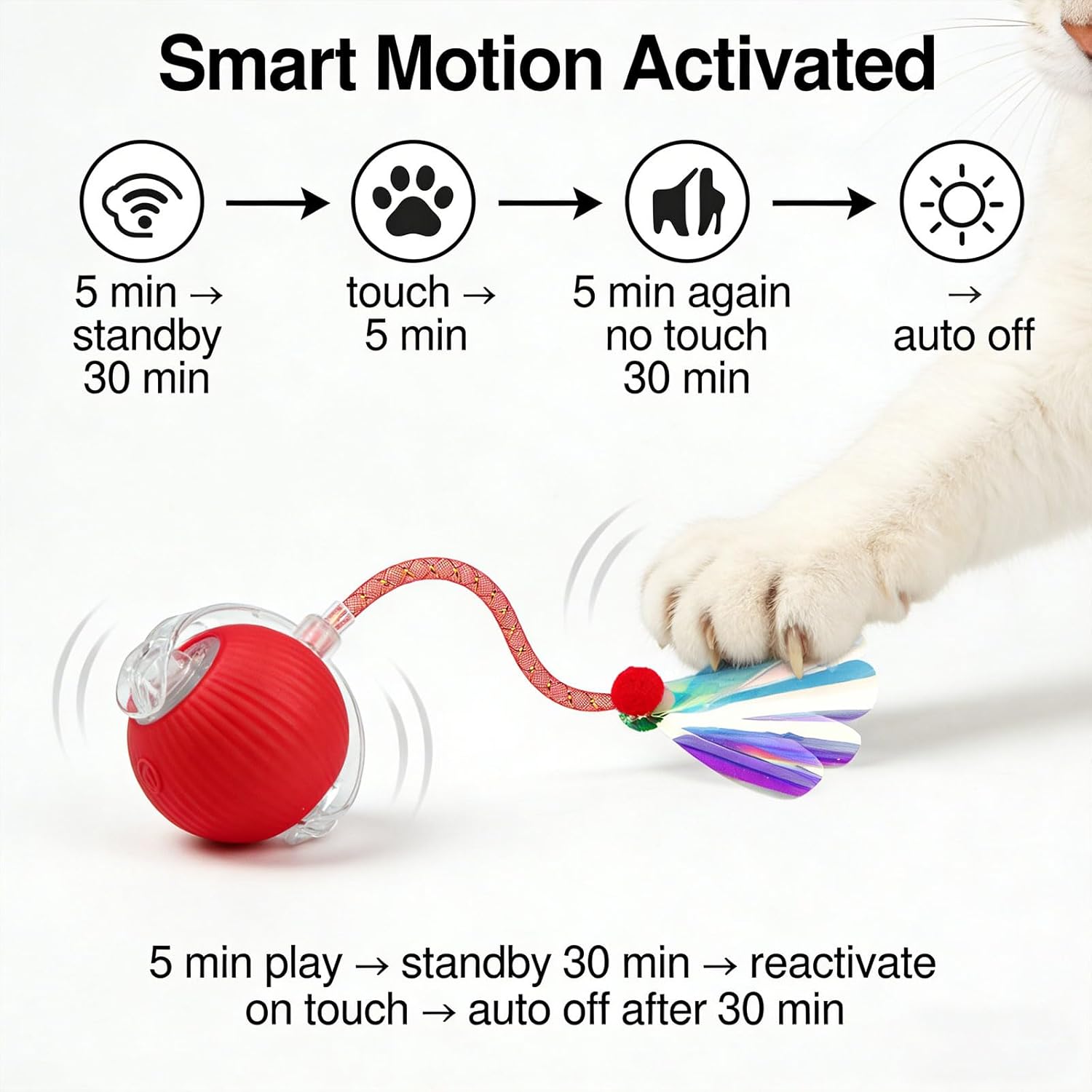 Speedy Tail 2.0 Cat Toy – 2 Replaceable Tails, Controllable Chirping, Motion Activated Rolling Ball, USB Rechargeable – Enrichment & Exercise for Bored Indoor Cats, Kittens (Red) - Happypetzone.online - Image 3