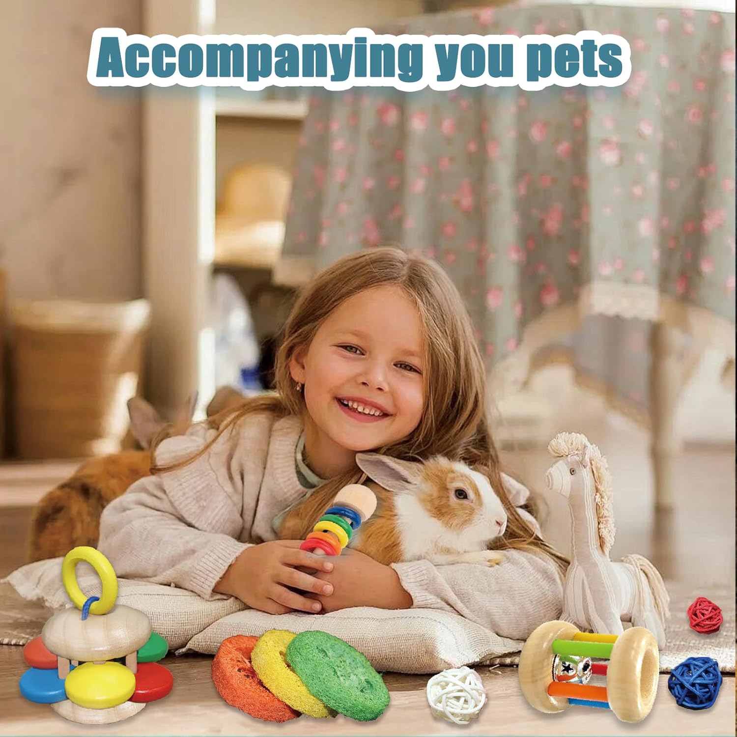 QWR 9PCS Wooden Bunny Toys,Safe Rabbit & Guinea Pigs Teeth Grinding Toy for Chinchillas, Hamsters & Small Animals - Indoor & Outdoor - Happypetzone.online - Image 7