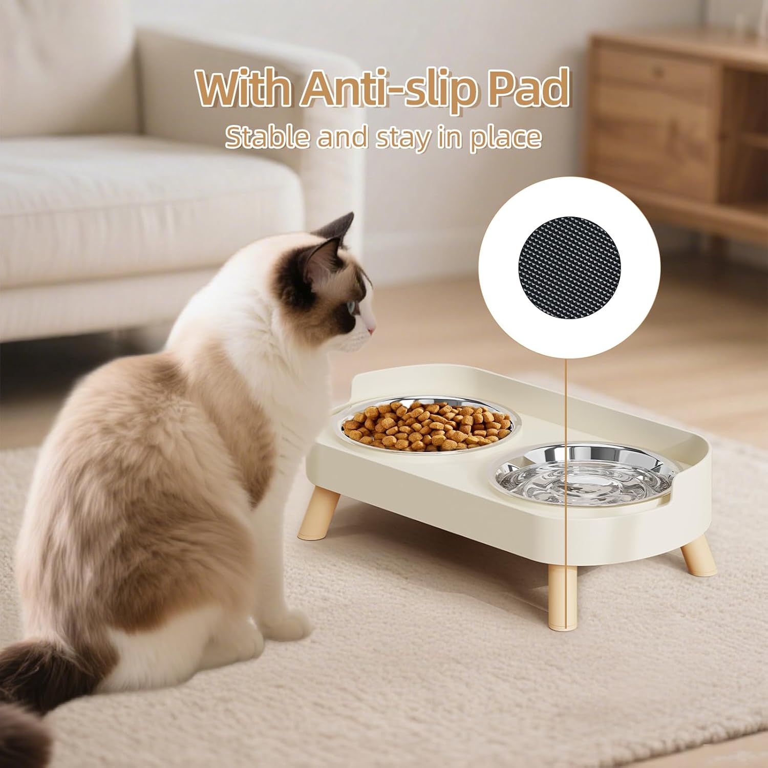 Elevated Cat Bowl, Raised Cat Food and Water Bowl Set for Indoor Cats, Splash Proof with 2 Stainless Steel Pet Food Bowls for Cats and Puppies, Whisker Fatigue and Dishwasher Safe - White - Happypetzone.online - Image 5