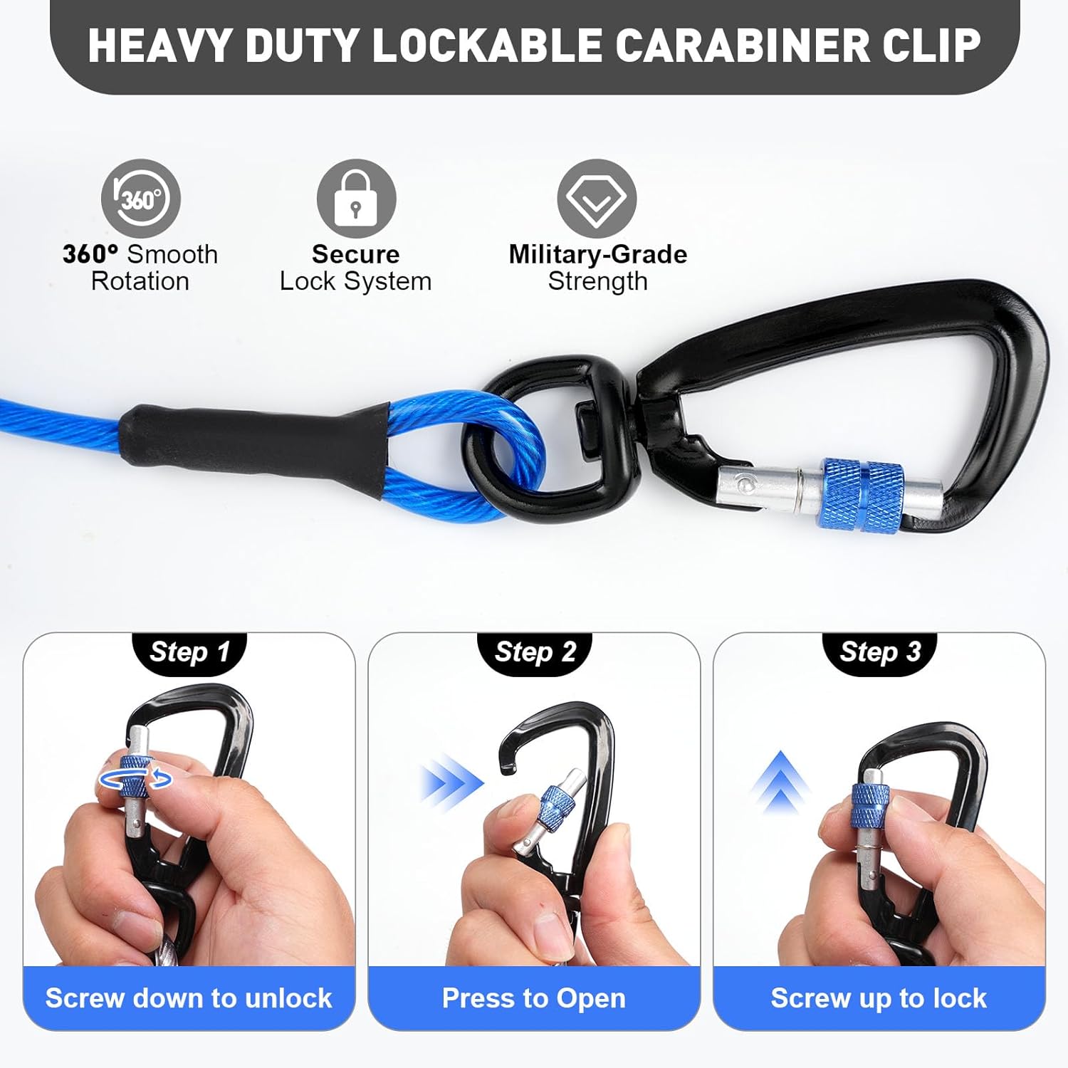 Dog Tie Out Cable 10FT Heavy Duty Chew Proof, Tangle-Free Runner with 360° Swivels & Locking Clip for Large Dogs Up to 250LBS - Rust Proof Leash for Yard, Camping, Outside (Blue 10FT) - Happypetzone.online - Image 3