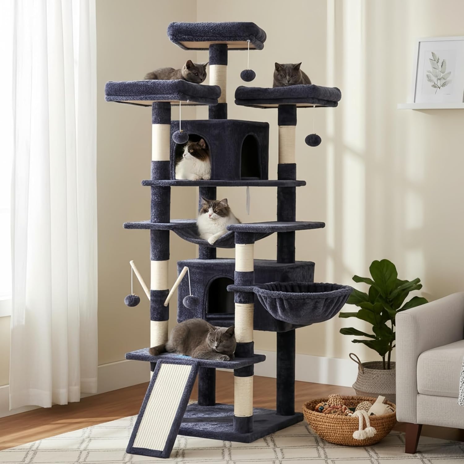 Hey-brother Cat Tree, 71 inches XL Large Cat Tower for Indoor Cats, Multi-Level Cat House with 3 Padded Perches, Big Scratcher, Cozy Basket, 2 Cat Condos and Scratching Posts, Smoky Gray MPJ034G - Happypetzone.online - Image 7