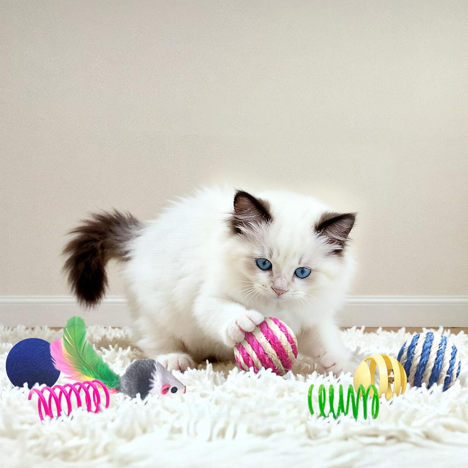 AGYM Cat Toys for Indoor Cats, 35 Packs Interactive Cat Toys Set with Colorful Springs, Mouse Cat Toy, Crinkle, Sisal, Pompom and Color Bell Balls for Kittens - Happypetzone.online - Image 6