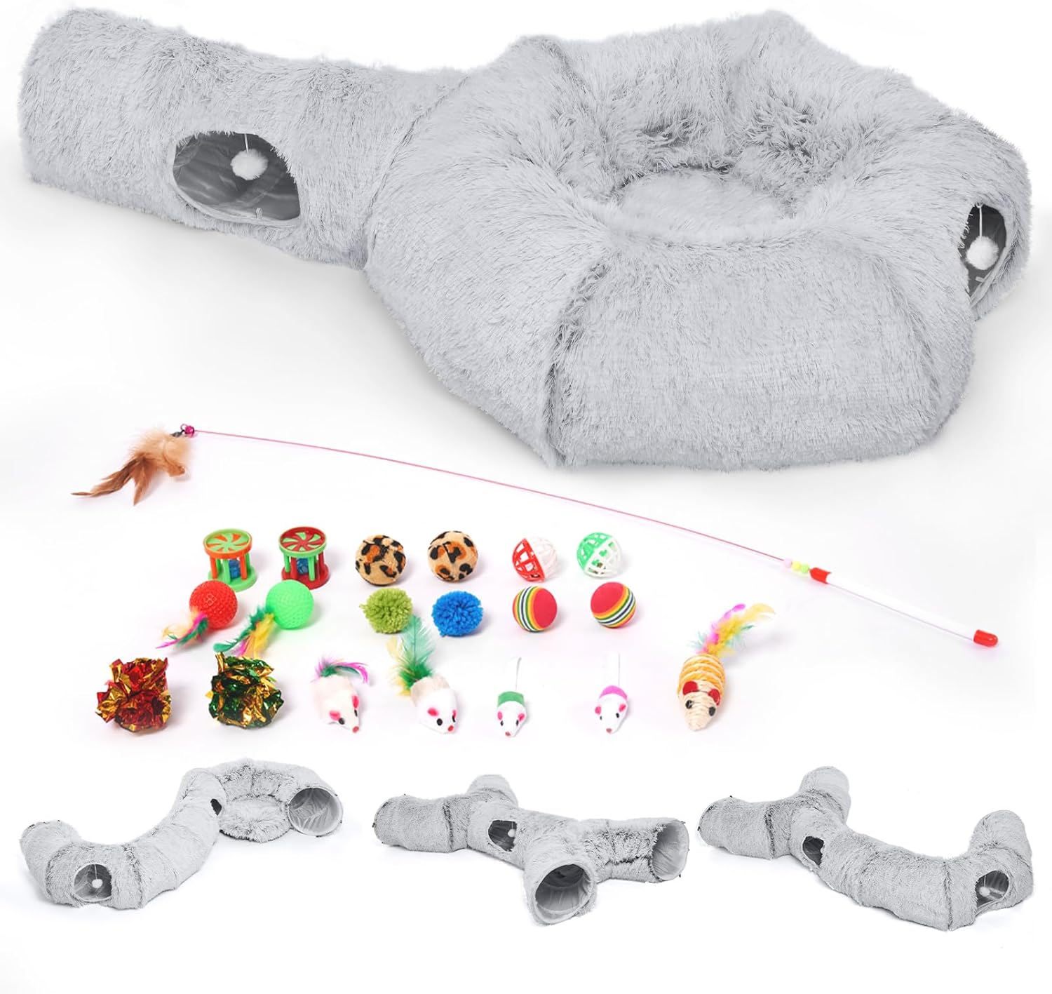 Odoland Cat Tunnels Bed with 1 Straight Tunnel and 20 Pet Toys - 5 Shapes DIY Indoor Cats Cave - Detachable Soft Cat Donut Tunnelset for Kitten Puppy Rabbit Ferret - Happypetzone.online - Image 7