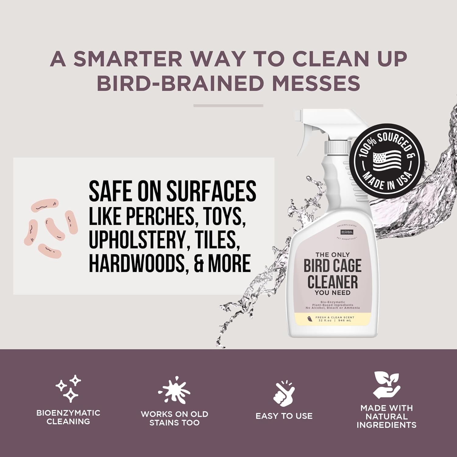 Natural Rapport Bird Cage Cleaner - The Only Bird Cage Cleaner You Need - Bird Poop Spray Remover, Naturally Removes Bird Waste (32 Oz) - Happypetzone.online - Image 4