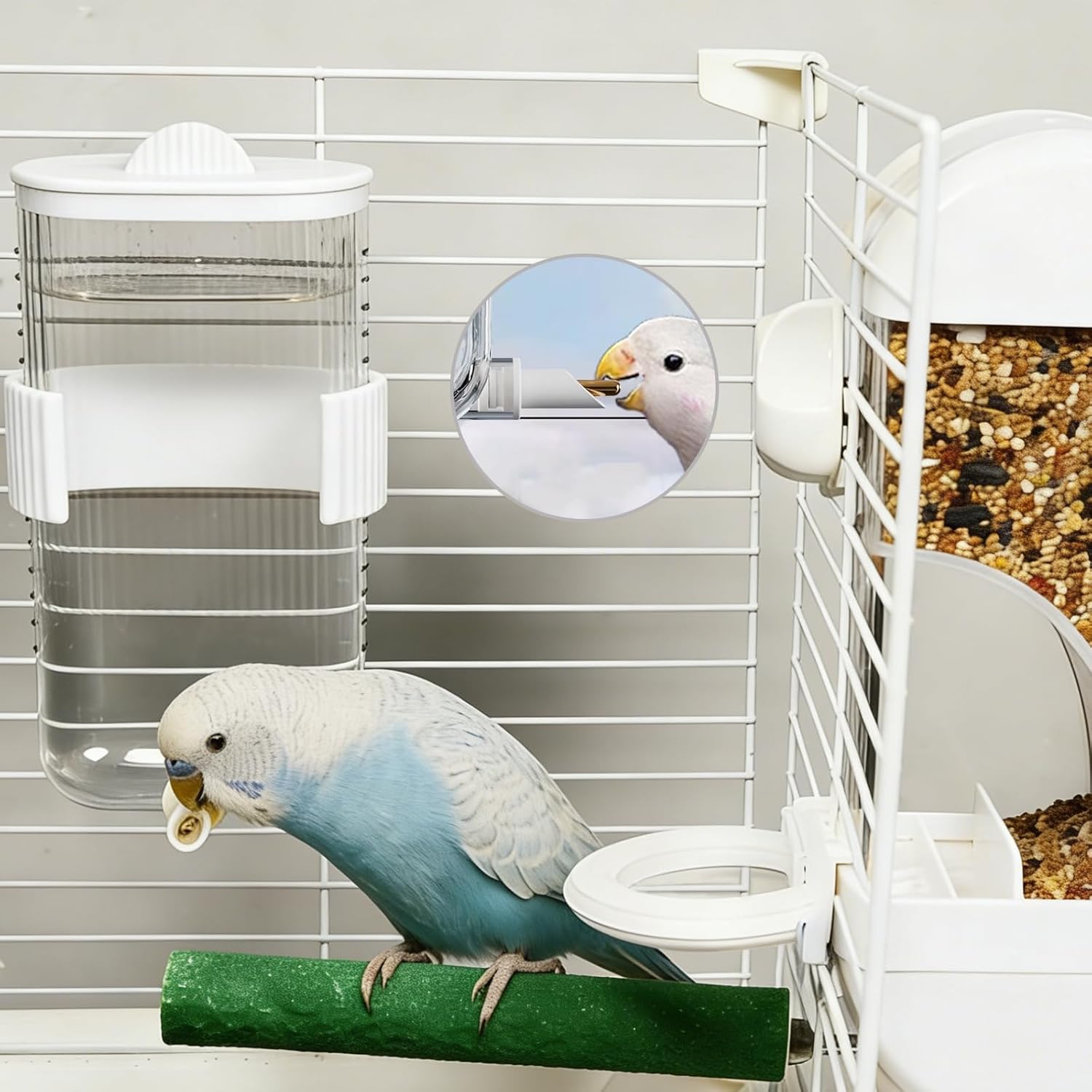 Automatic Bird Feeder Waterer Kit Bird Cage Hanging Waterer Parakeet Leak-Proof Feeder Parrot Vegetable Clips Cage Accessories for Budgies Lovebirds Finches Canaries Parrotlets Conures (White) - Happypetzone.online - Image 6